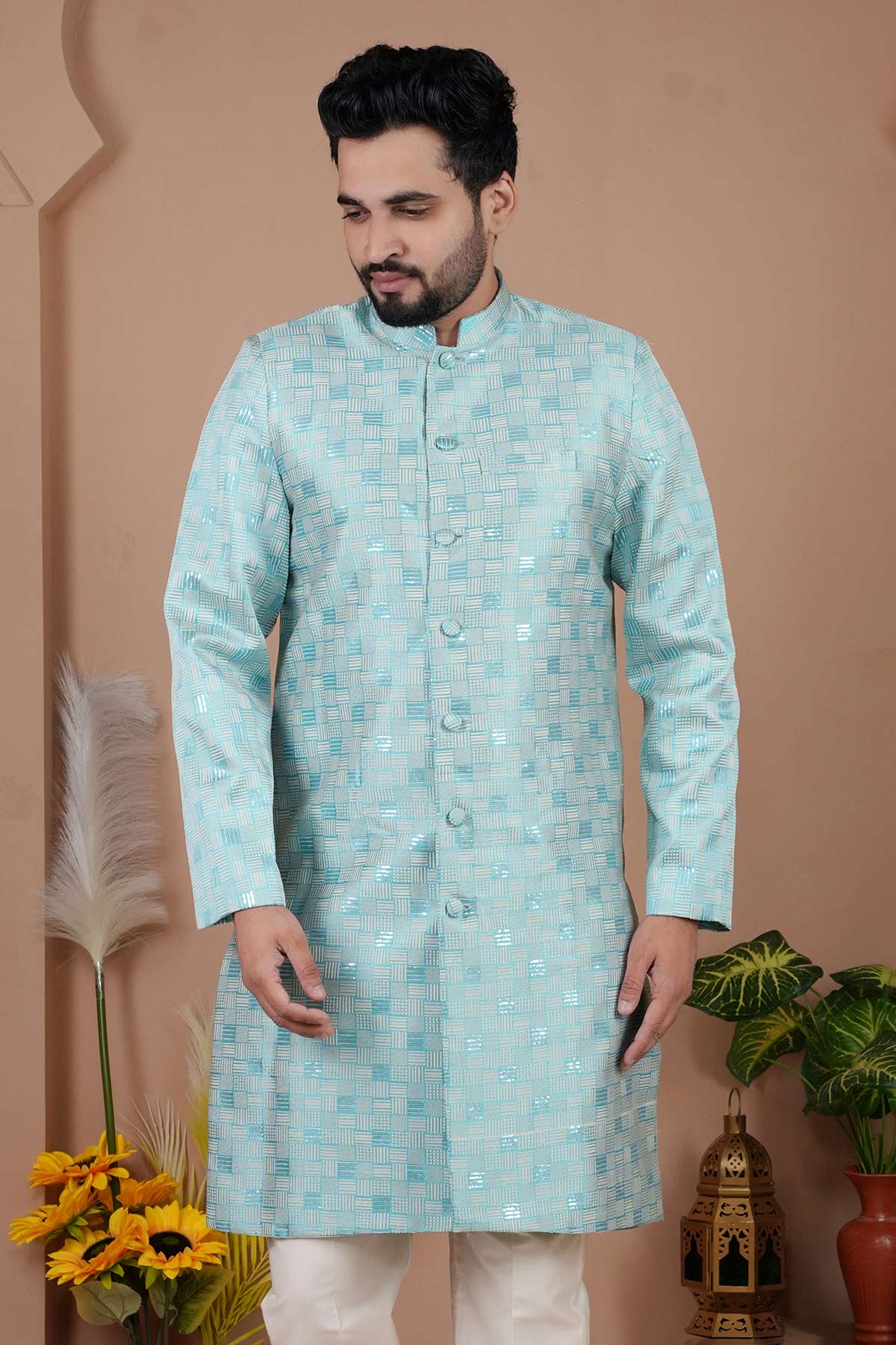 Blue Cotton Silk Sherwani Pants