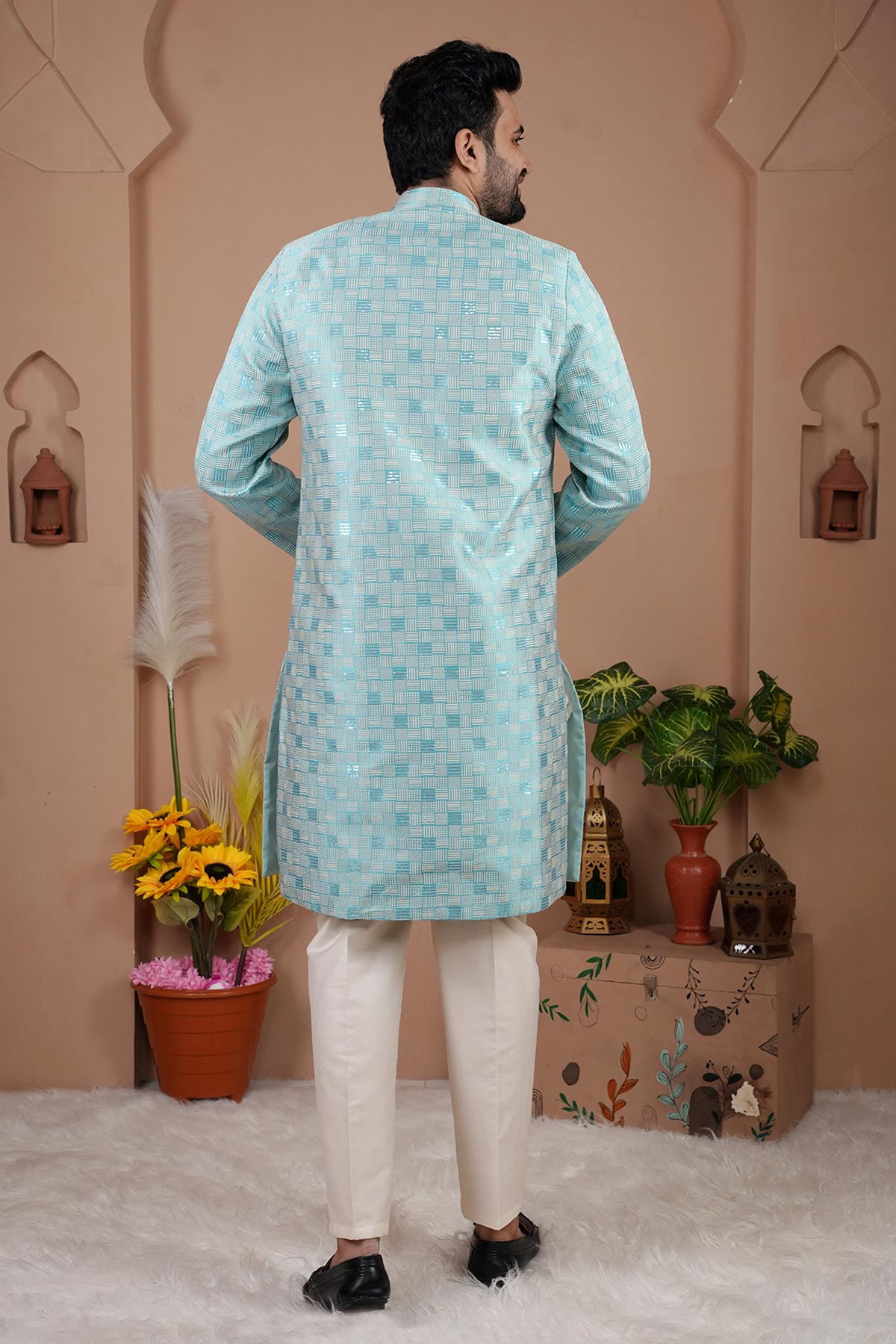 Blue Cotton Silk Sherwani Pants