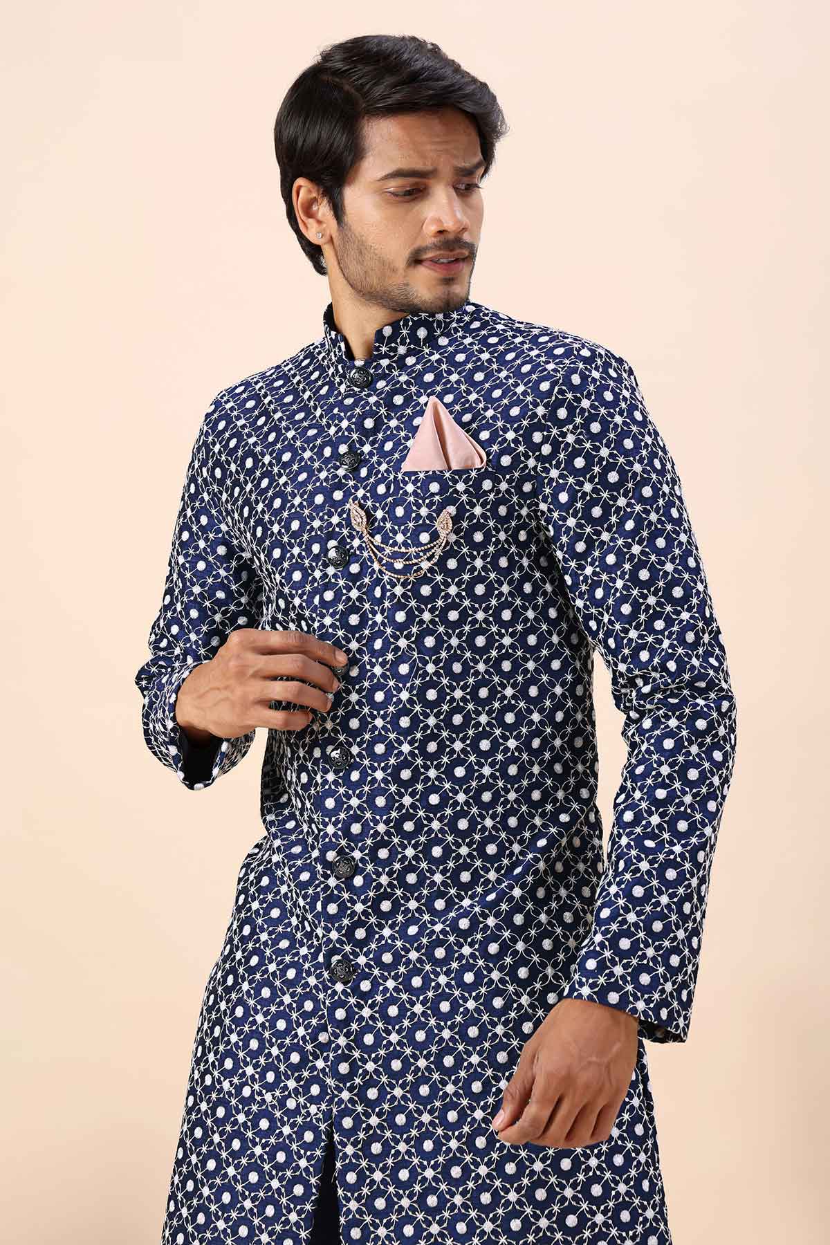 Blue Cotton Silk Sherwani Set