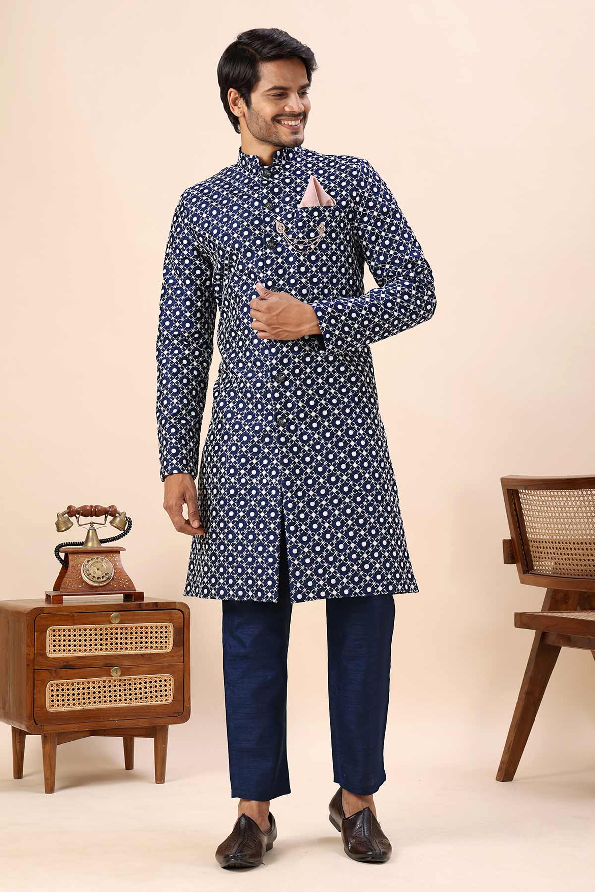 Buy Blue Cotton Silk Sherwani Set for men by Aastha Fashion online available at scrollnshops