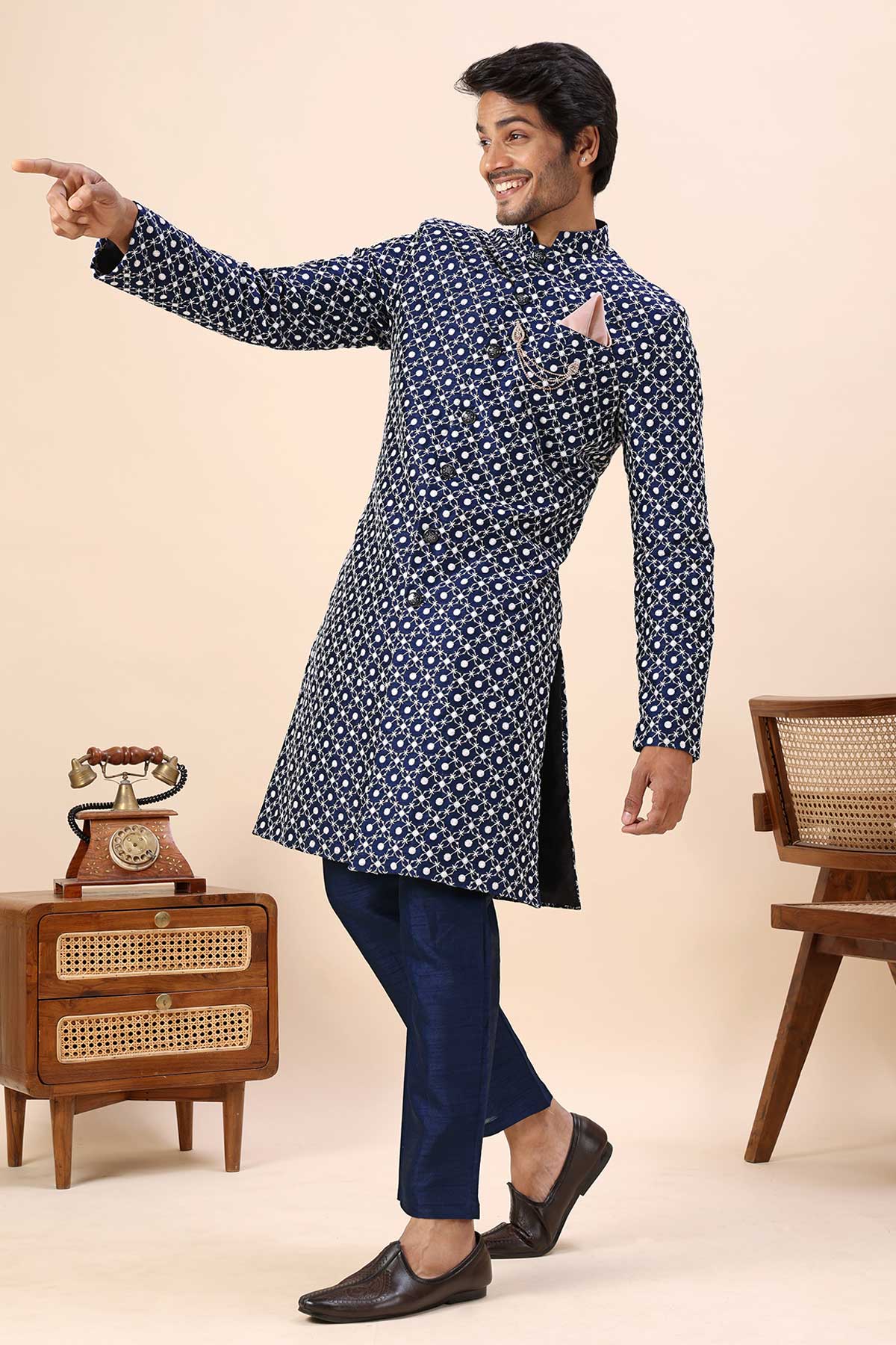 Blue Cotton Silk Sherwani Set