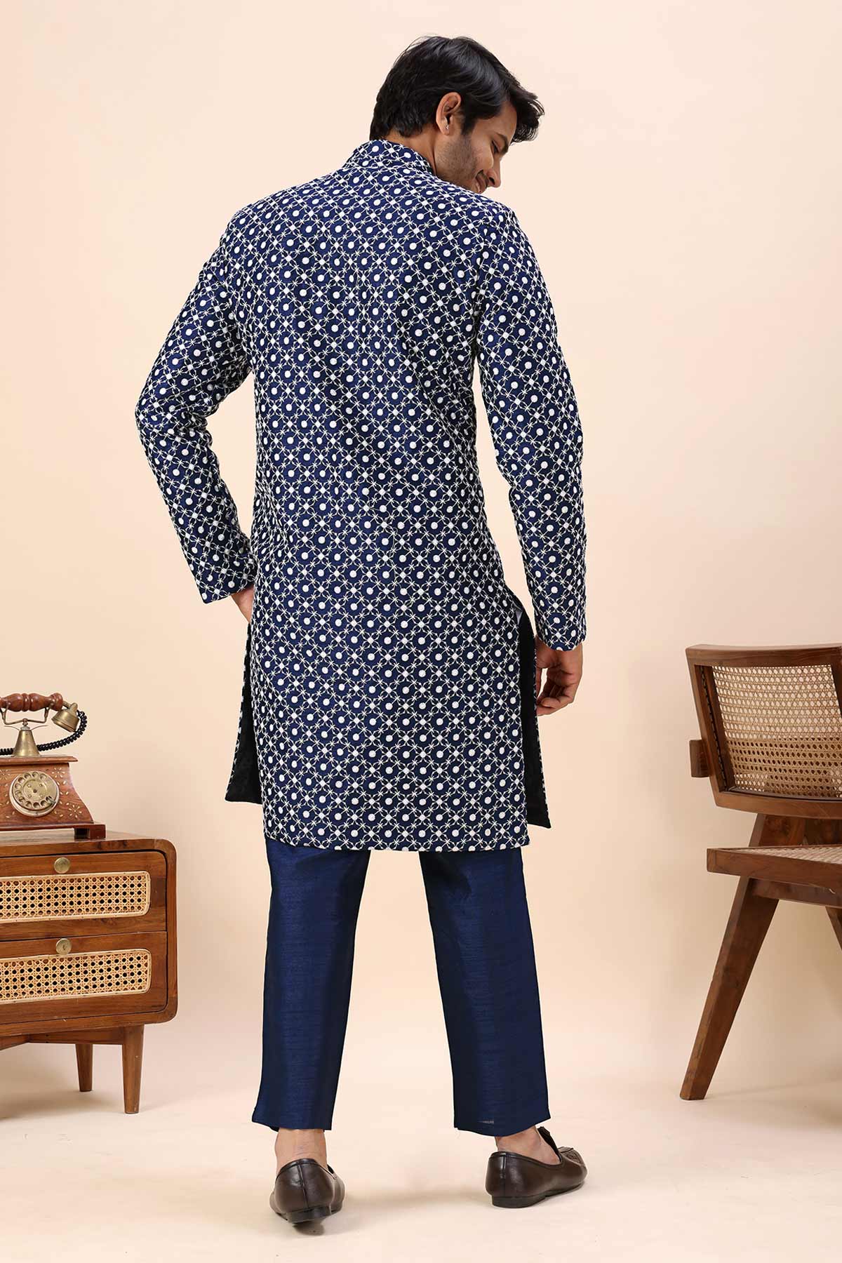 Blue Cotton Silk Sherwani Set