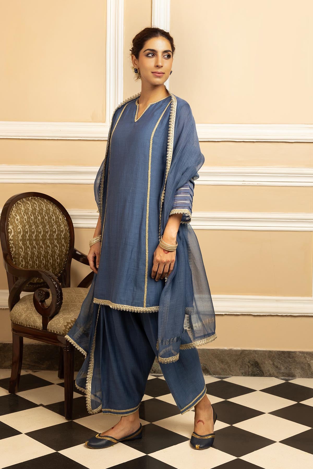 Blue Cotton Silk Short Kurta Set