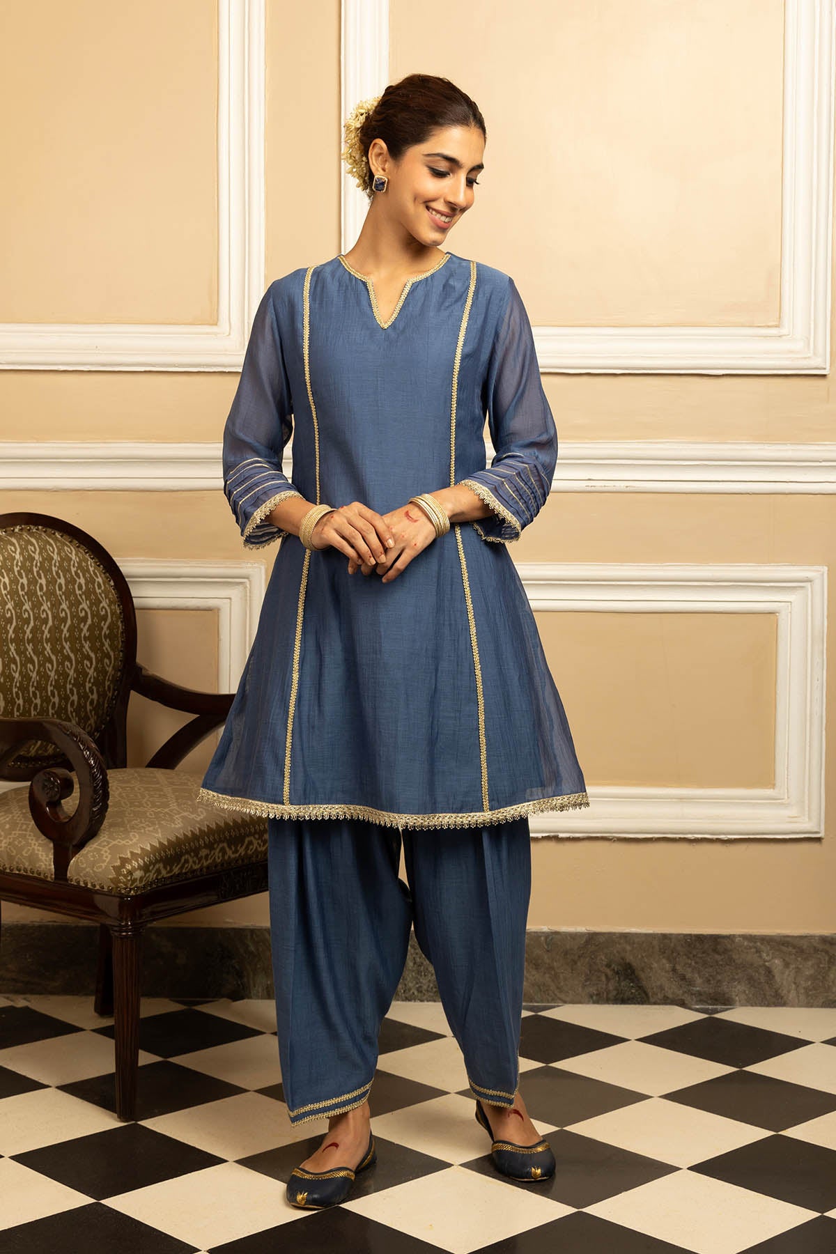 Blue Cotton Silk Short Kurta Set