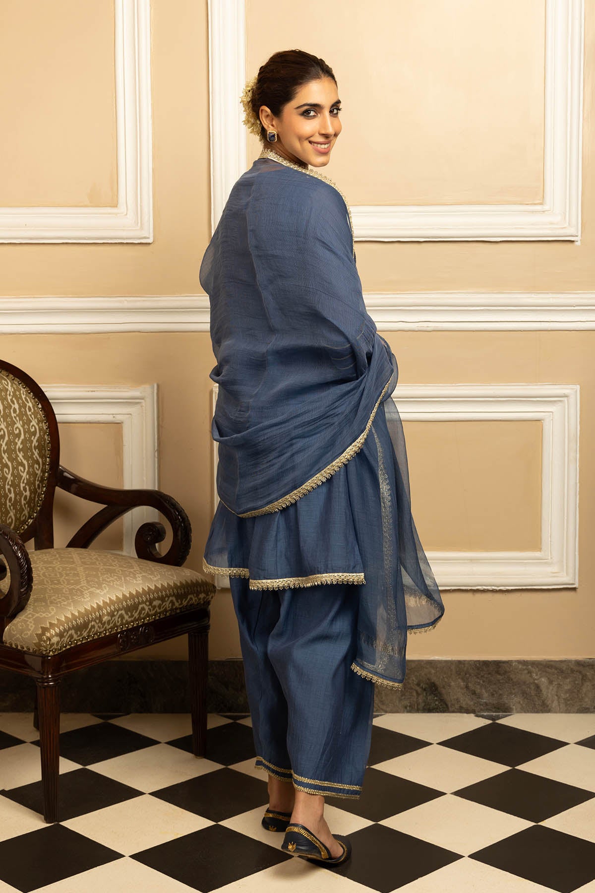 Blue Cotton Silk Short Kurta Set