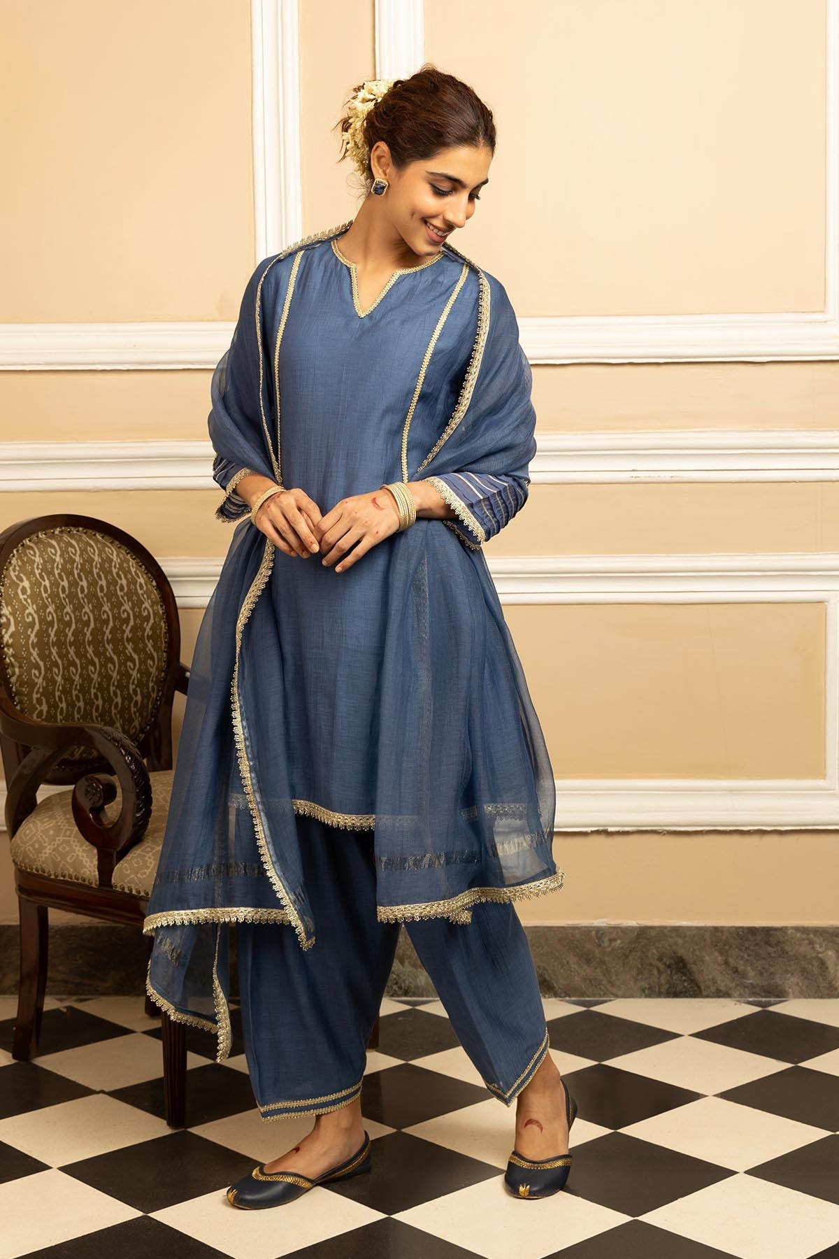 Buy Blue Cotton Silk Short Kurta Set by Dohr India for women online at ScrollnShops