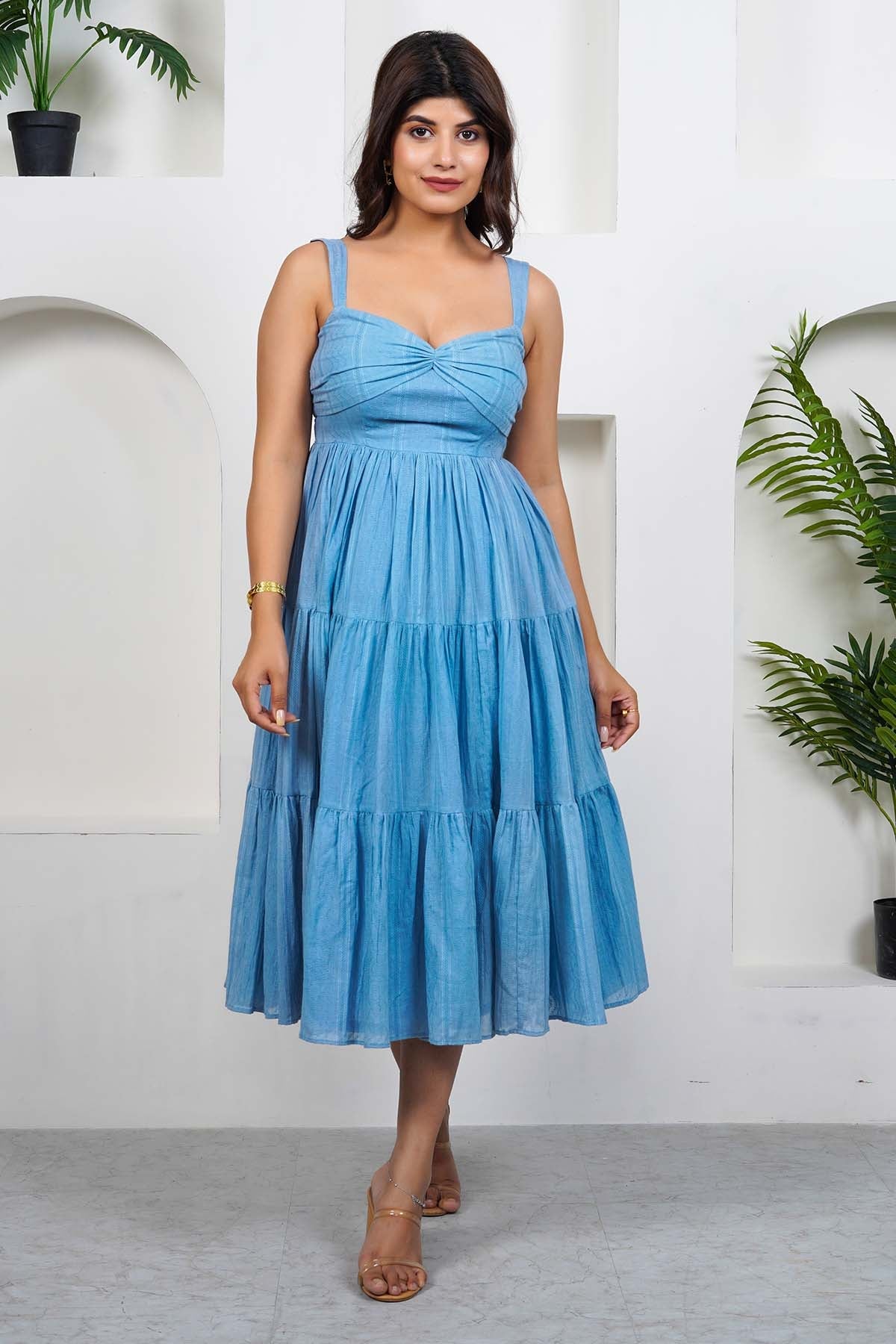 Imrie Blue Cotton Sleeveless Dress for women online at ScrollnShops