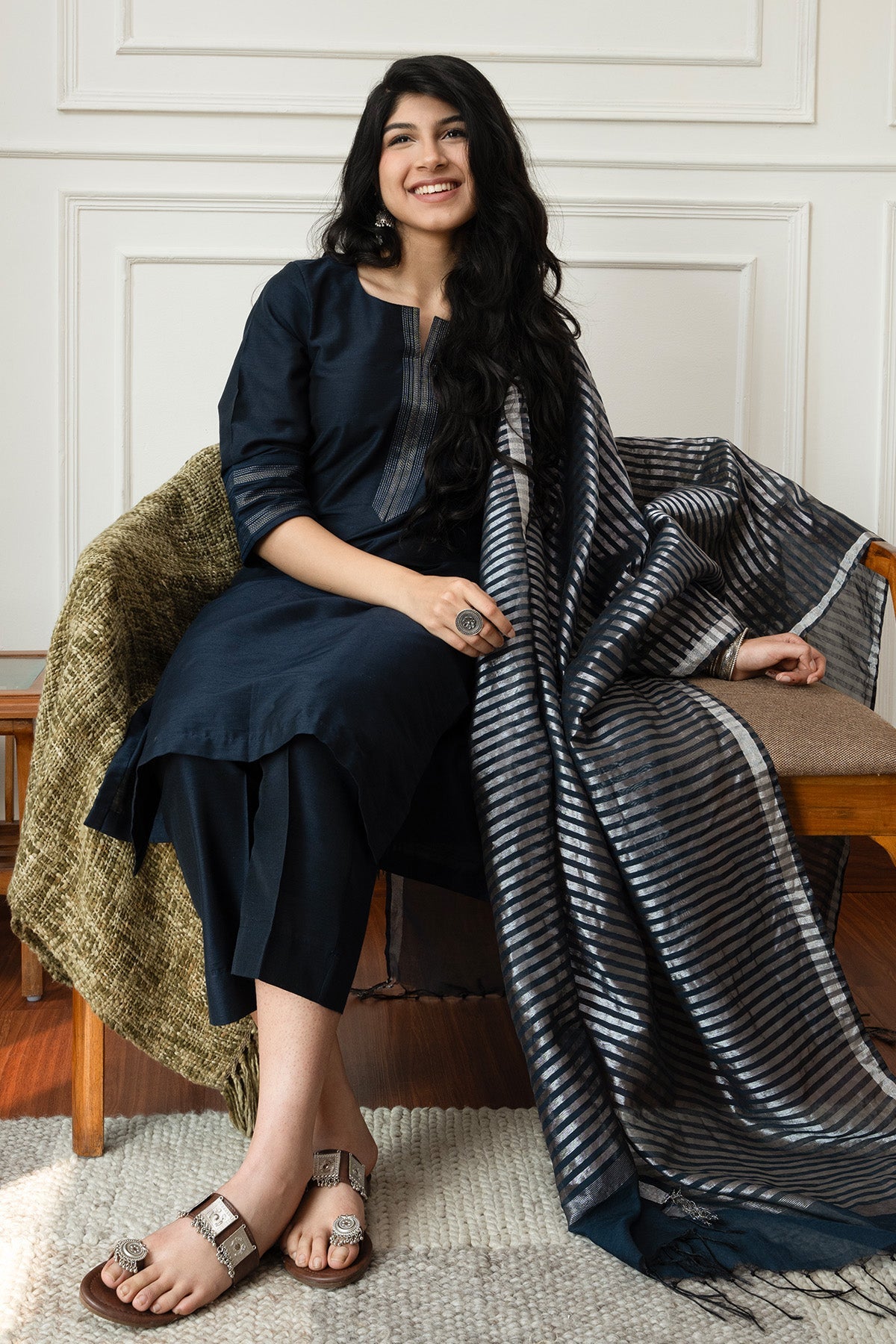 Buy Blue Cotton Slub Zari Kurta Set for women by The Hemming Bird online available at scrollnshops