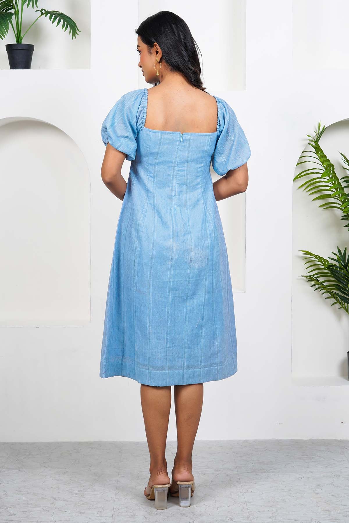 Blue Cotton Tie-Knot Midi Dress