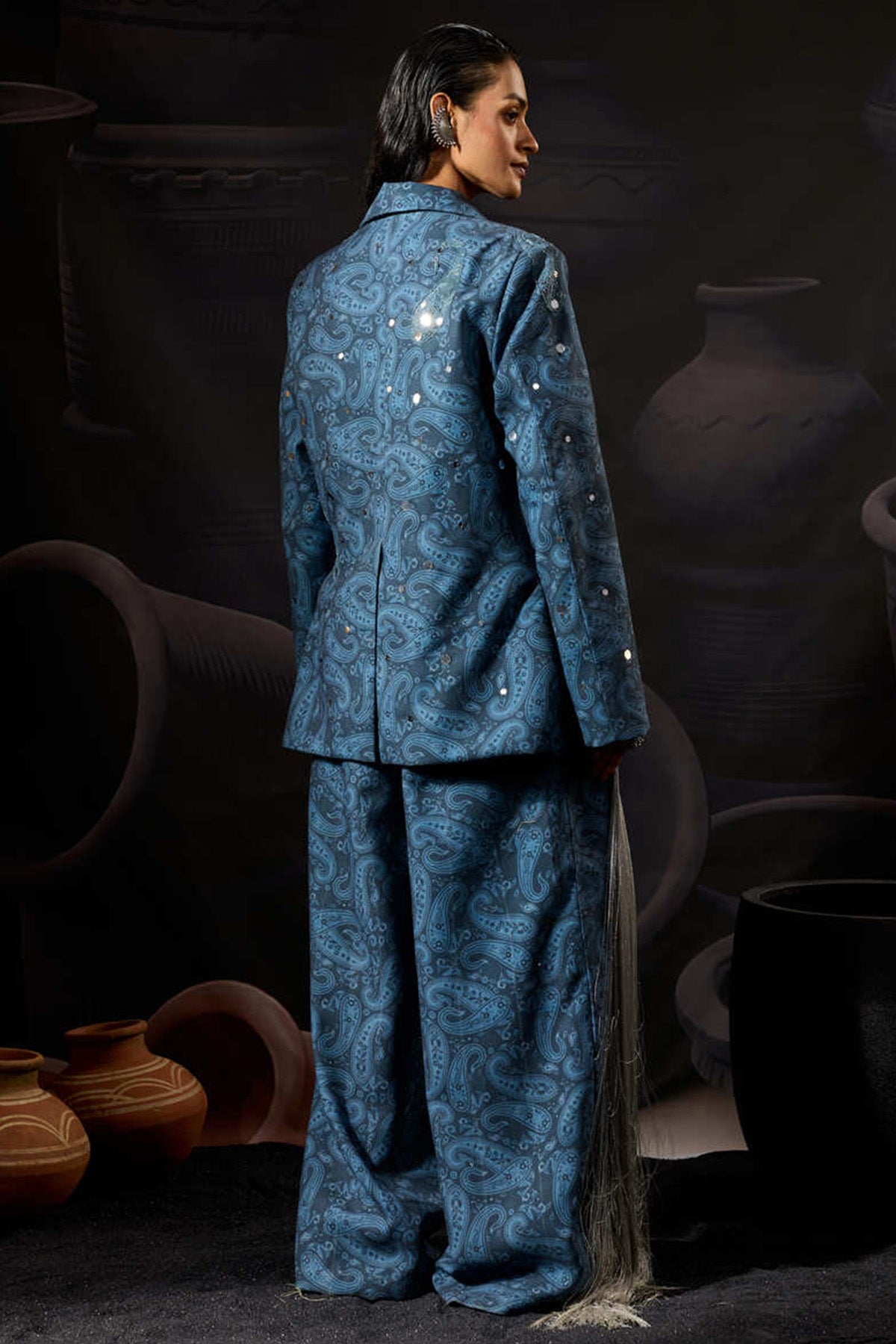 Blue Cotton Twill Motifs Blazer