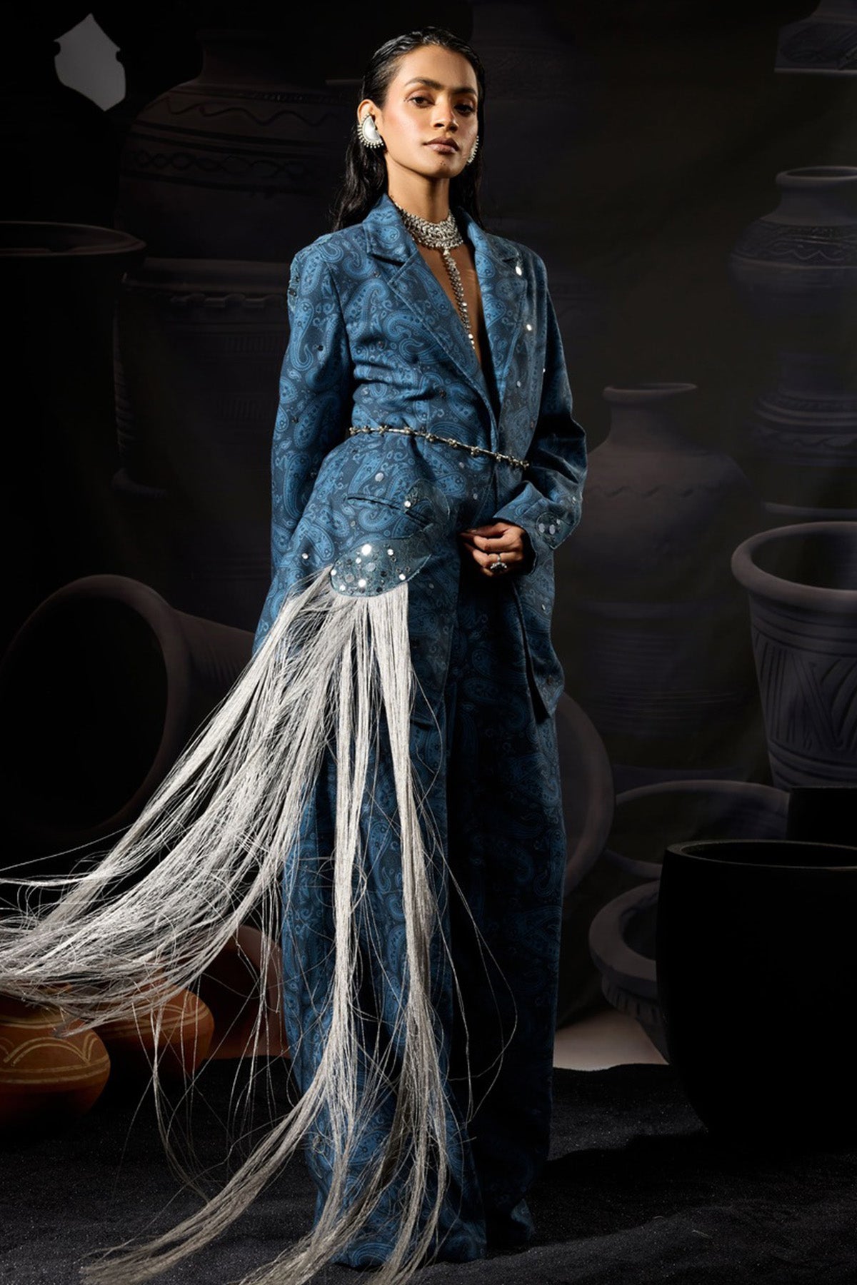 Blue Cotton Twill Motifs Blazer