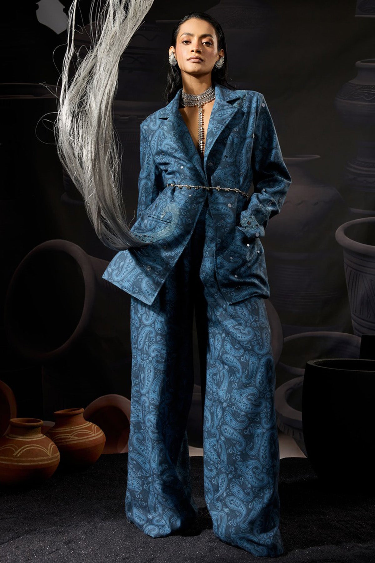 Blue Cotton Twill Motifs Blazer