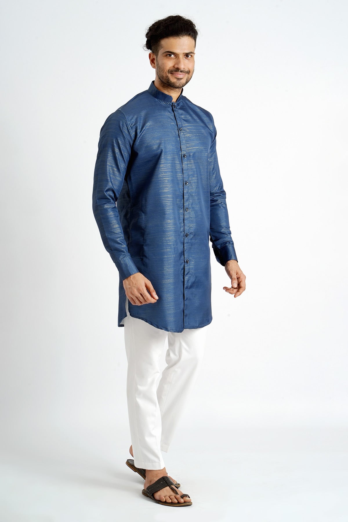 Blue Cotton Zari Detailed Kurta