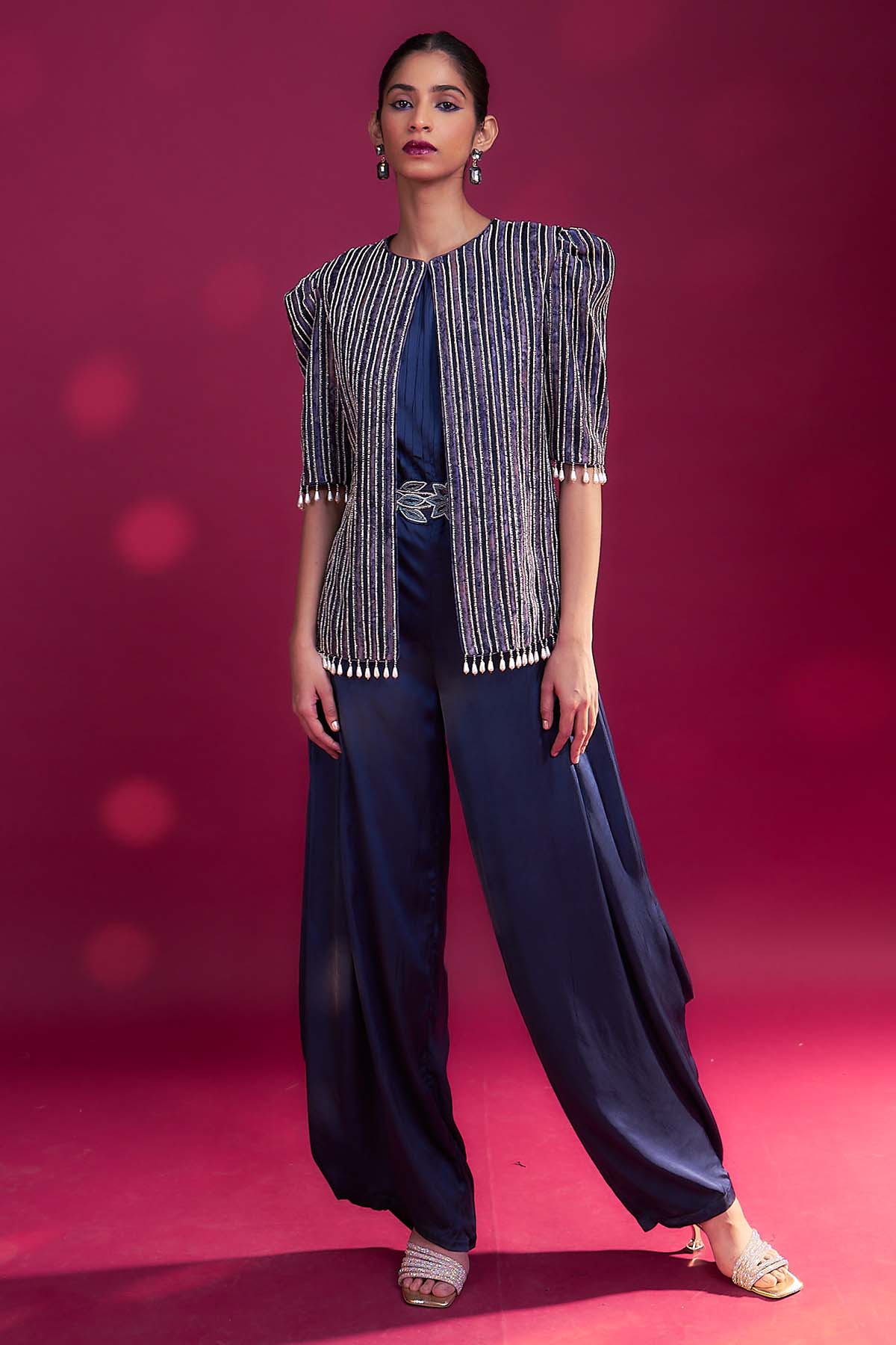 Sejal Kamdar Blue Cowl Jumpsuit & Jacket for women online at ScrollnShops