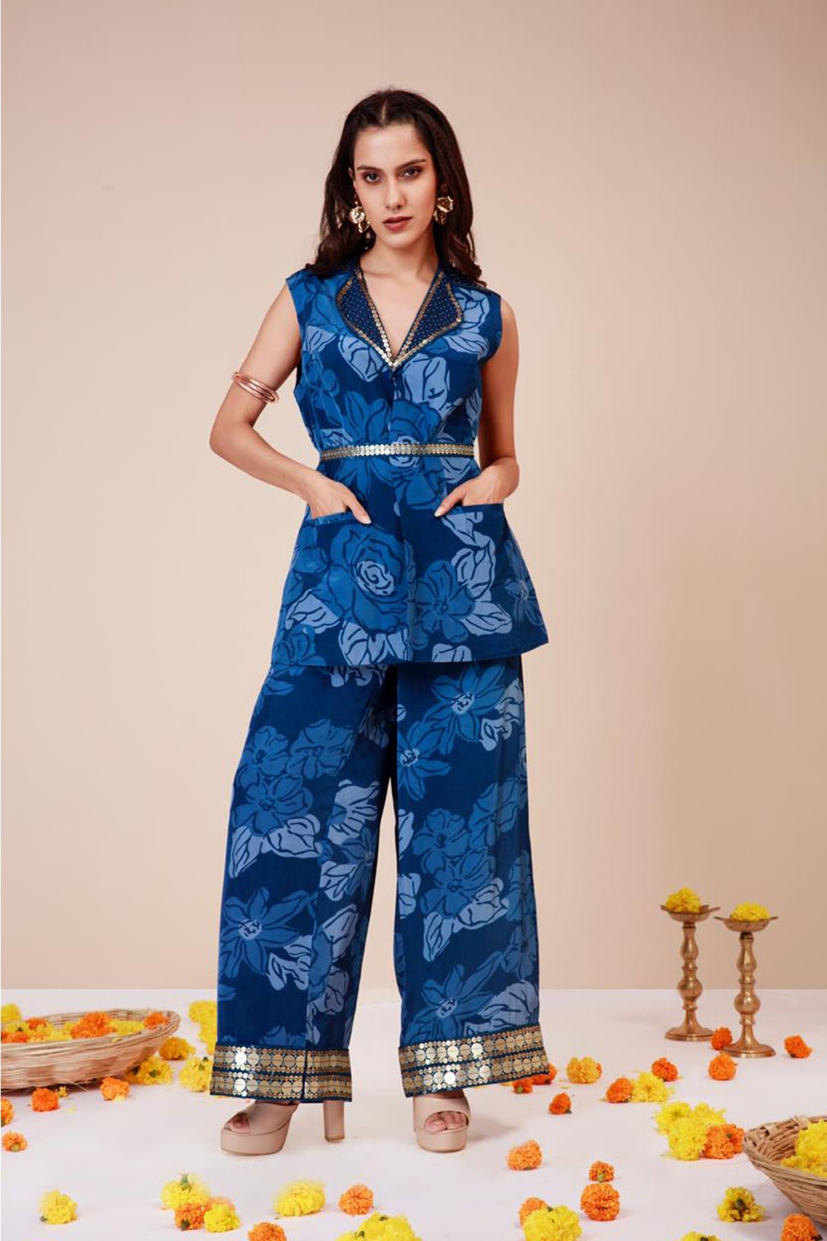 Buy Blue Crepe Co-ord Set & Belt by Niyami for women online at ScrollnShops