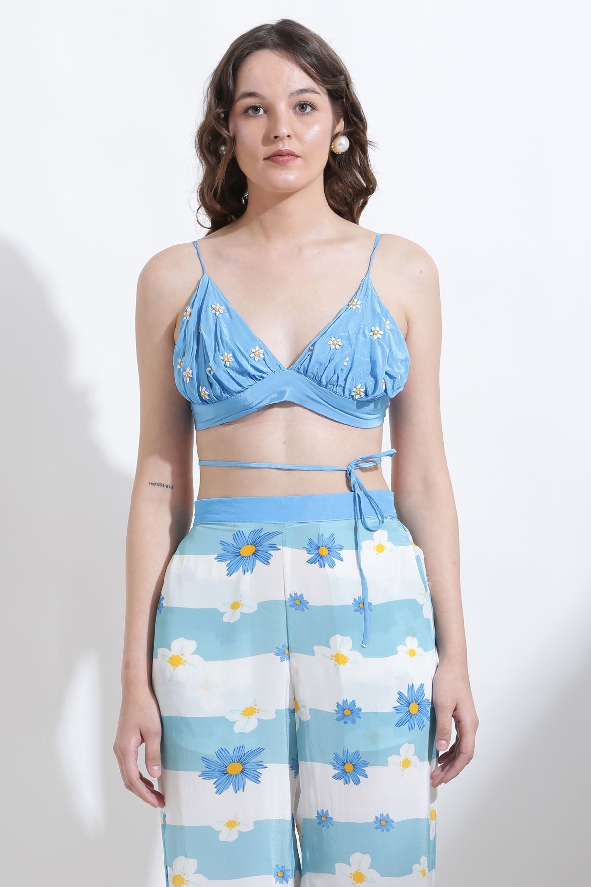 Designer Kusmi Azure Bloom: Embroidered Floral Bralette For Women at ScrollnShops