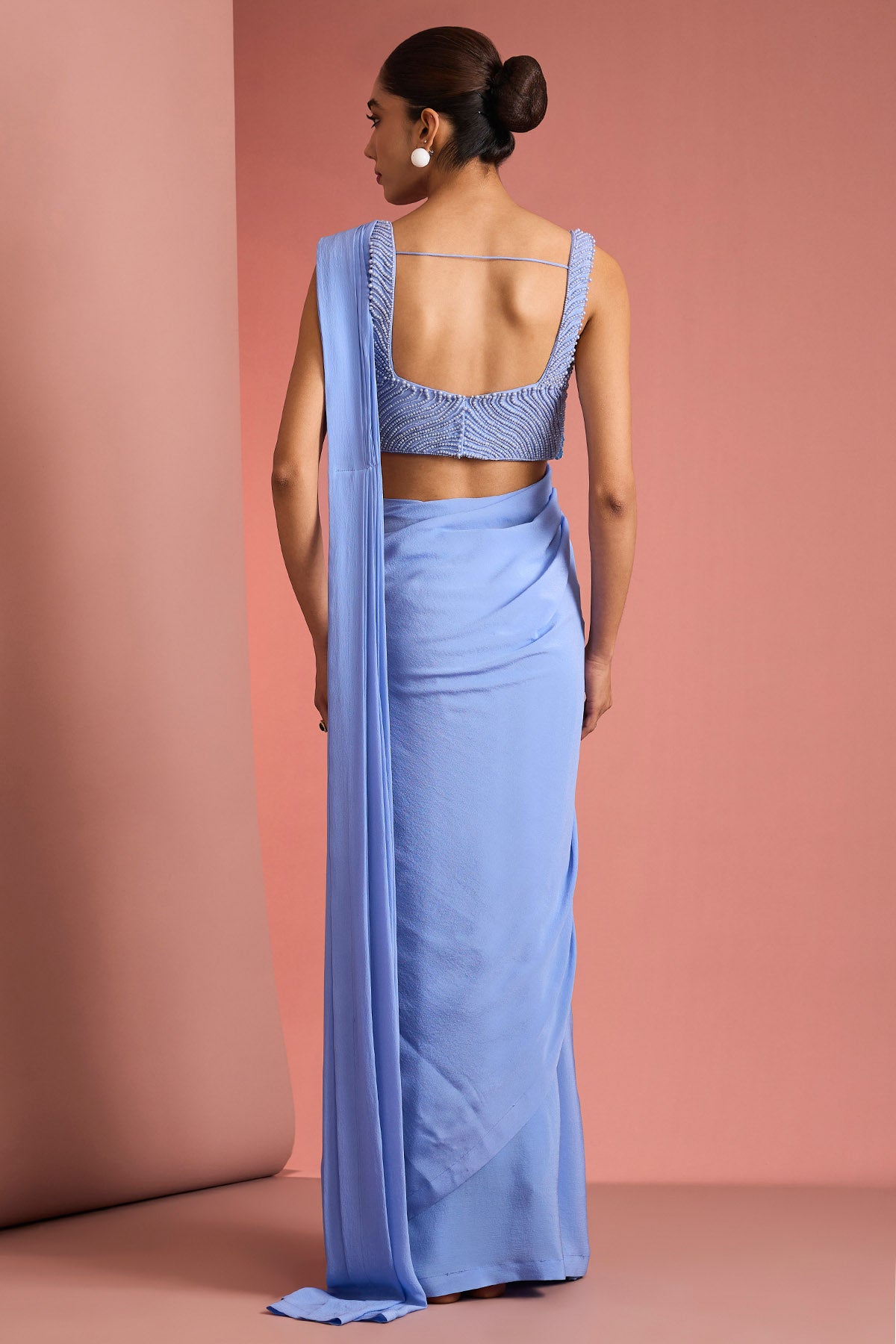 Blue Crepe Pearl Work Saree Set