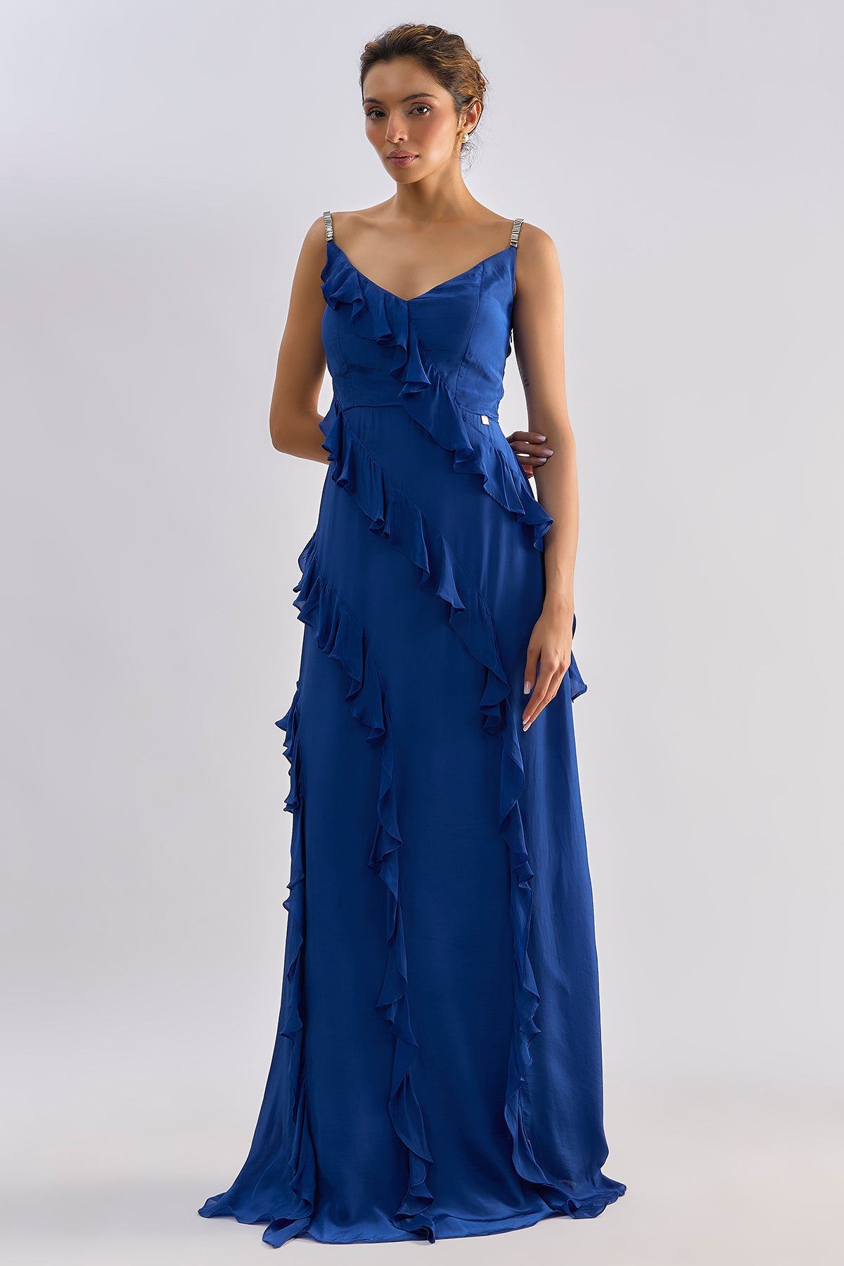 Buy Blue Crepe Ruffle Maxi Dress for women by Emblaze online available at scrollnshops