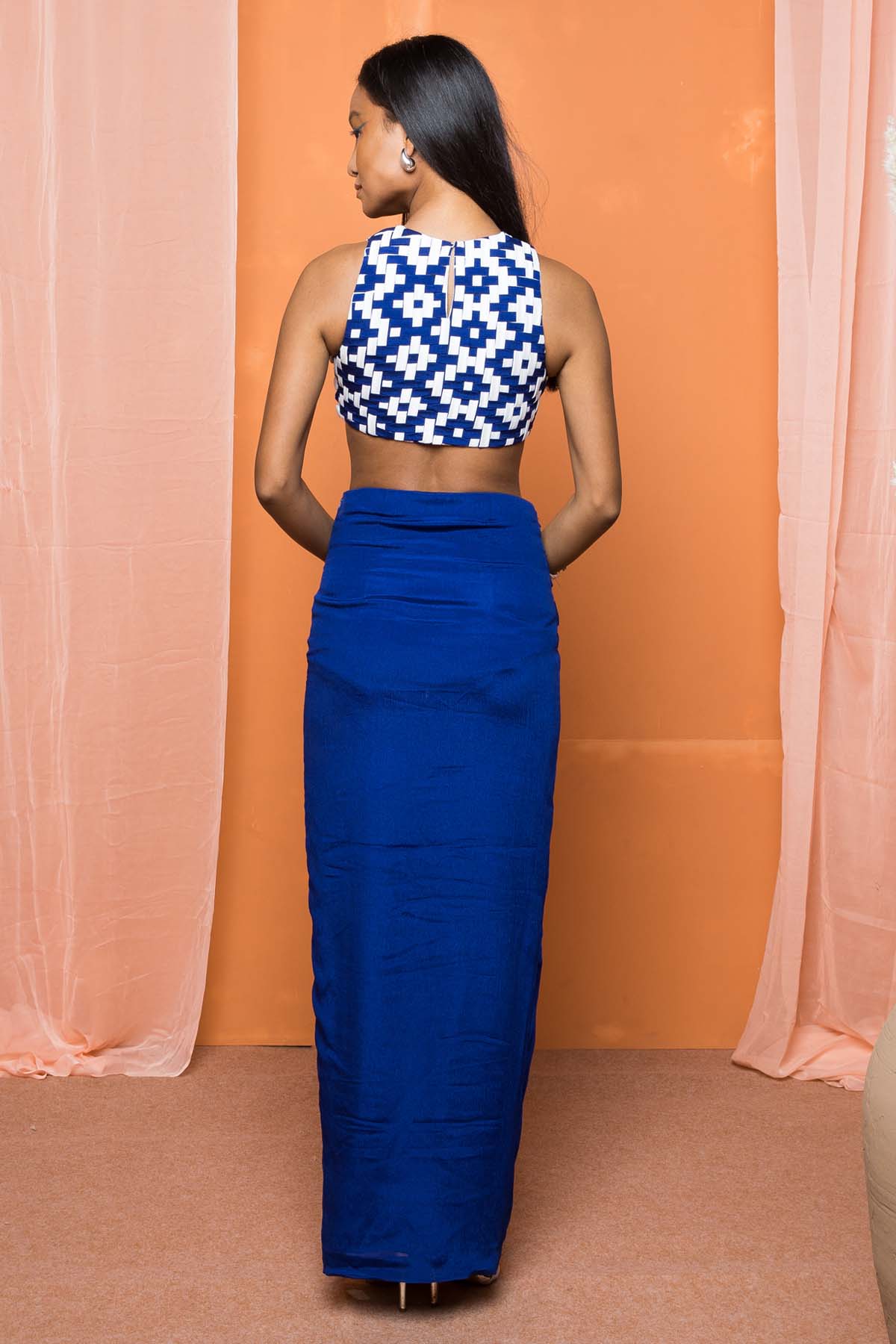 Blue Crew Neck Top & Slit Skirt