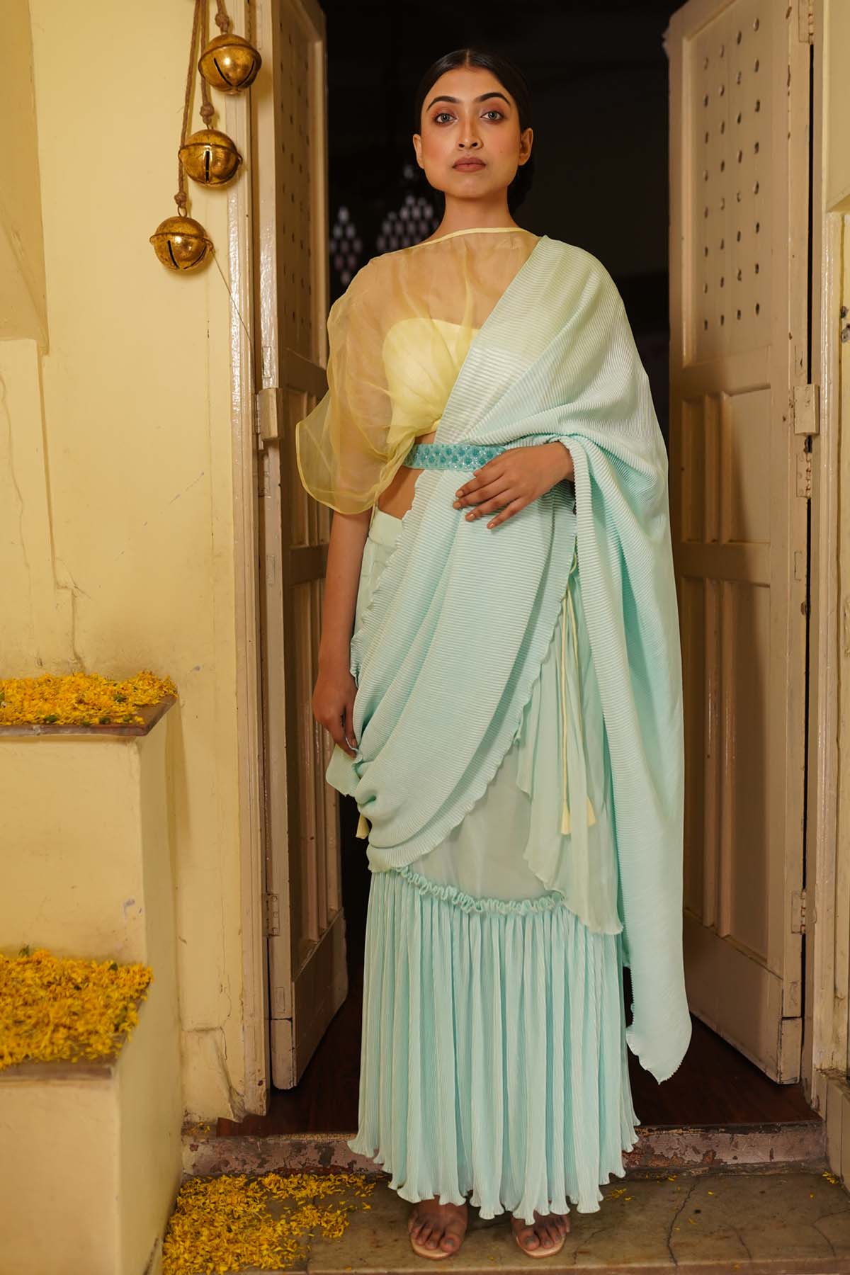 Buy Anamika Khandelwal Blue Crinkled Pre Drape Saree Set