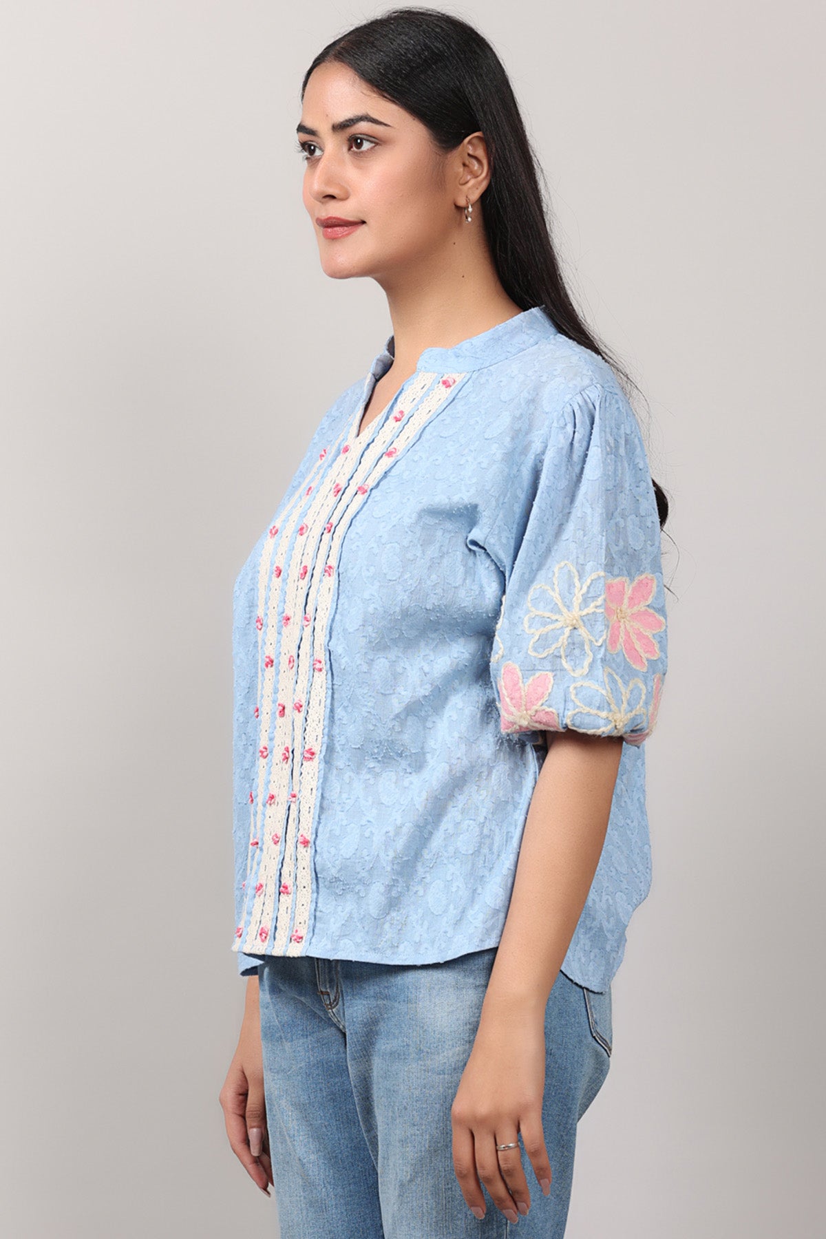 Blue Crosia Lace Embroidered Top