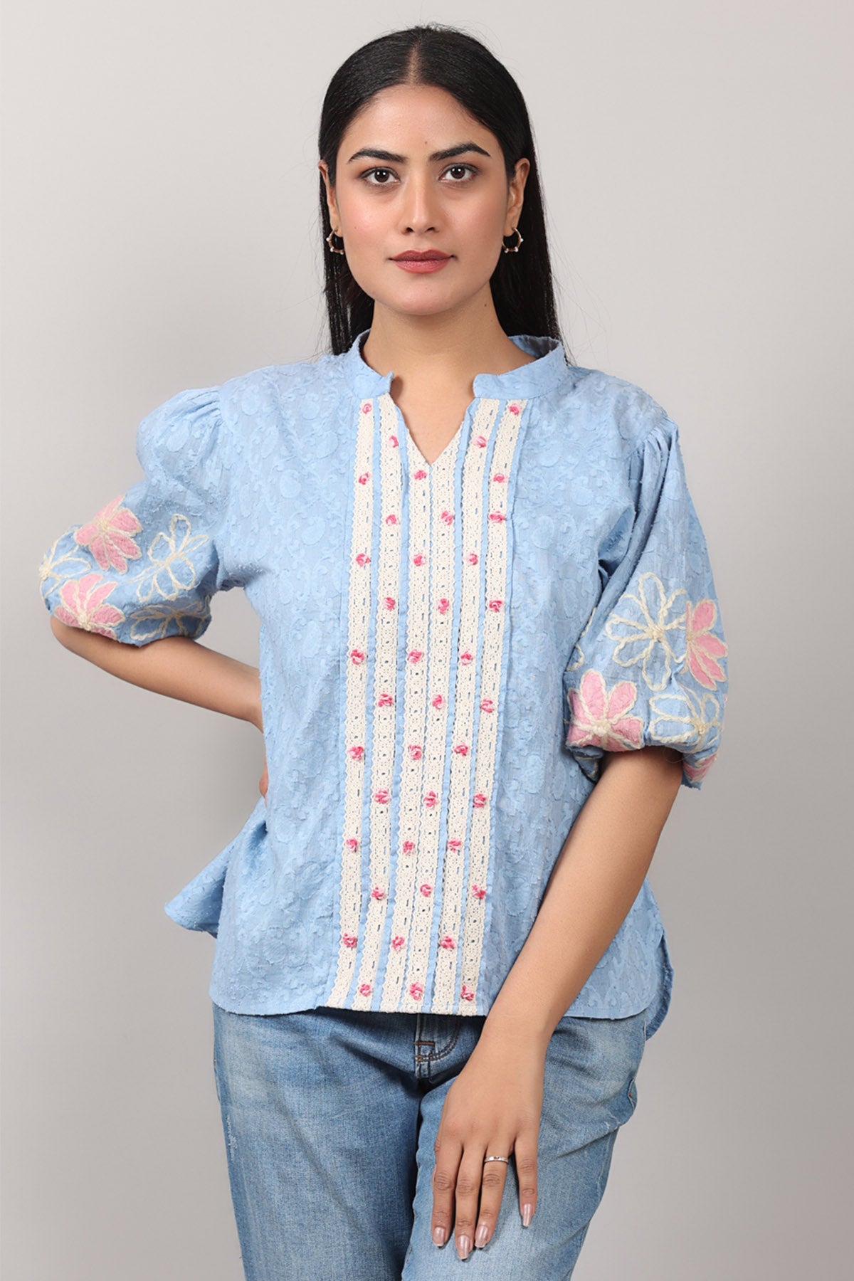 Buy Blue Crosia Lace Embroidered Top by OSKOS for women online at ScrollnShops