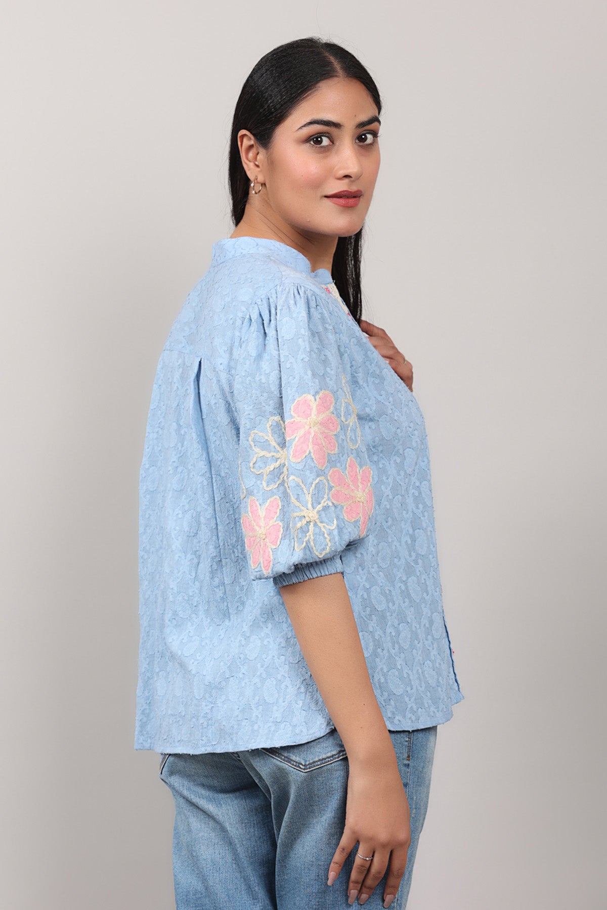 Blue Crosia Lace Embroidered Top