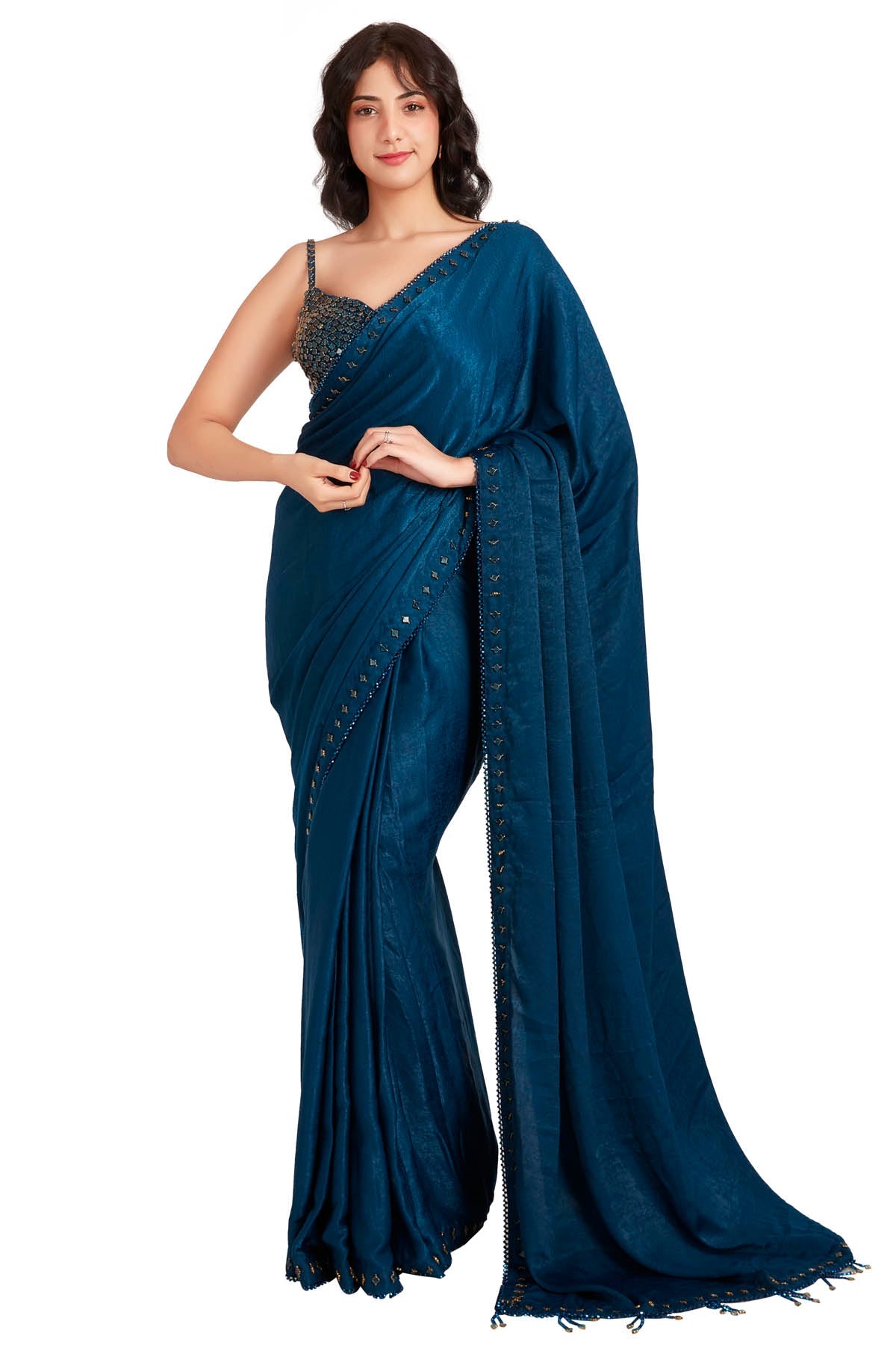 Vastra by Mala Munde Blue Crystal Embroidered Saree for women online at ScrollnShops