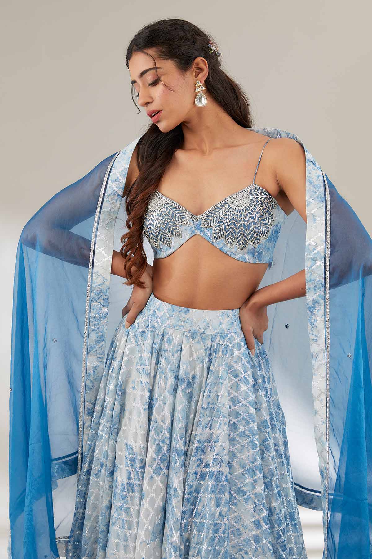 Blue Crystal Flared Lehenga Set