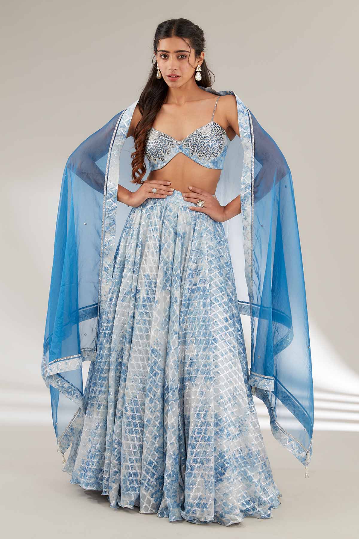 Buy Blue Crystal Flared Lehenga Set by Ajiesh Oberoi for women online at ScrollnShops