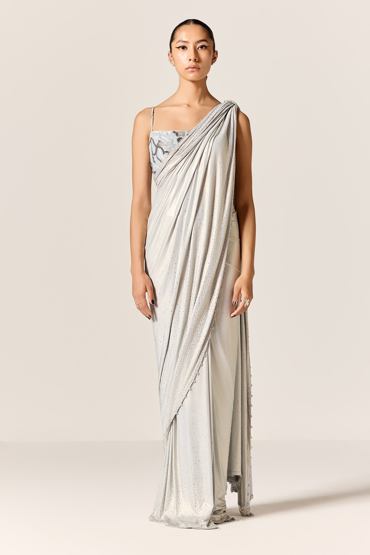 Buy Blue Crystal Pre-Draped Saree for Women at ScrollnShops