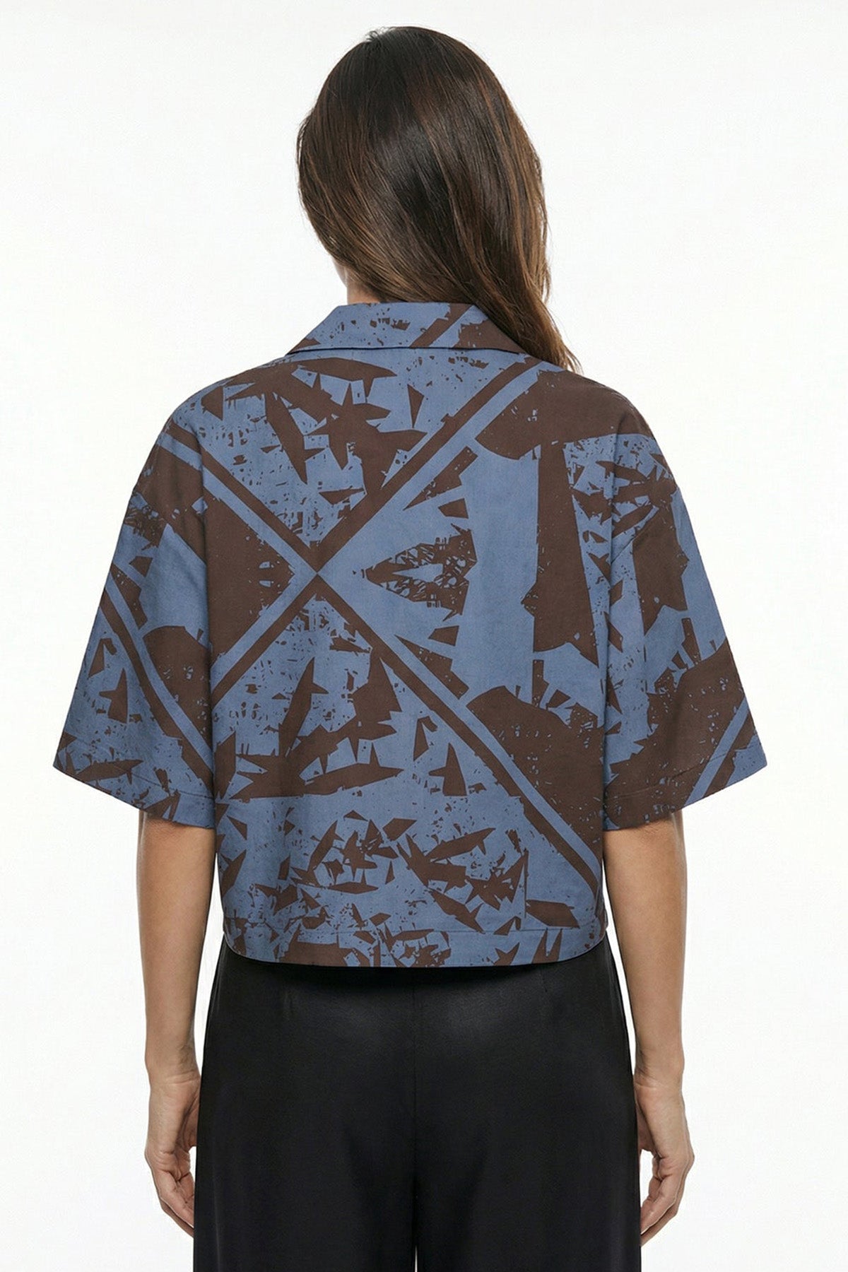 Blue Cuban Collar Crop Shirt