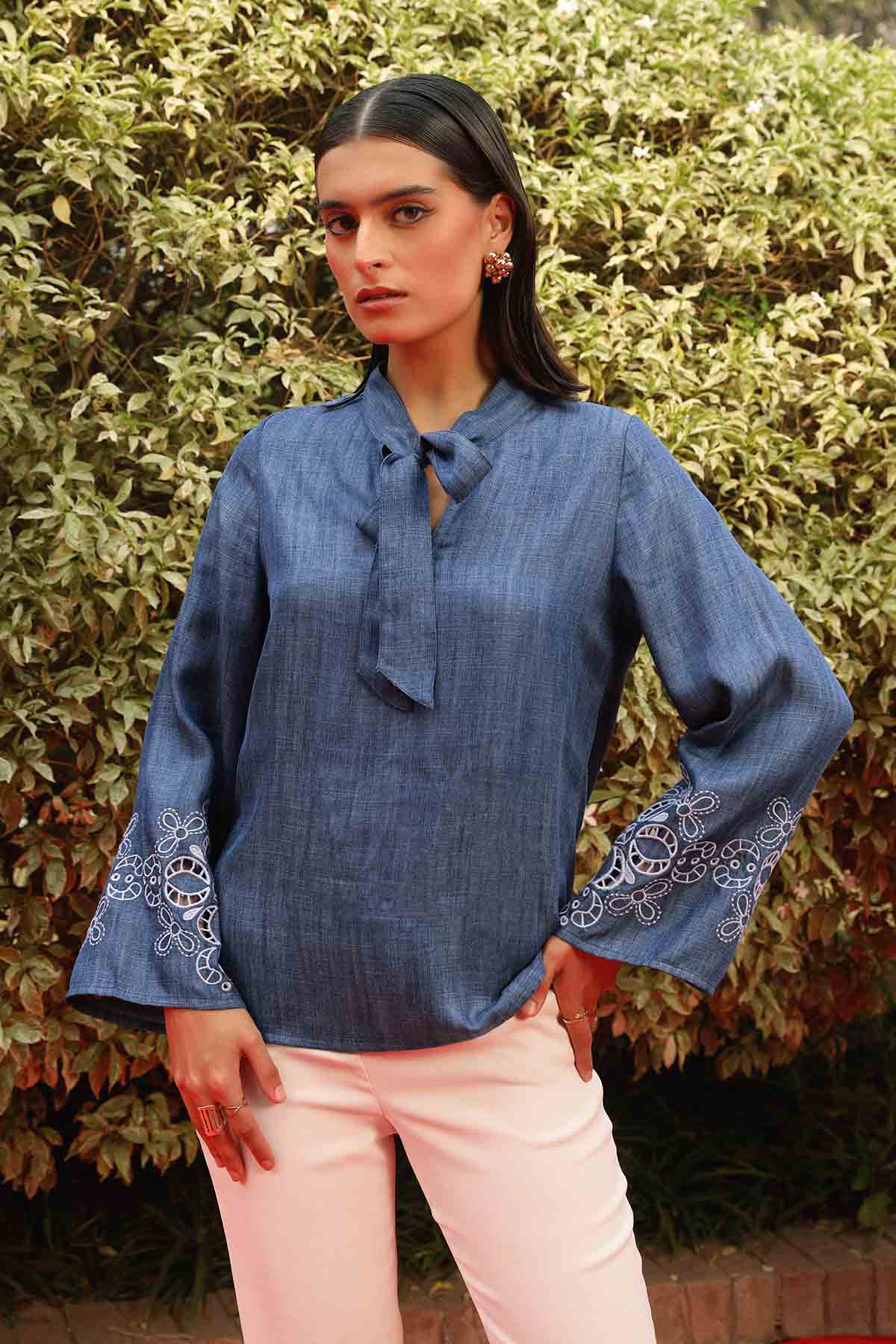 Buy Blue Cut-Out Embroidered Top by Sewtable Clothing for women online at ScrollnShops