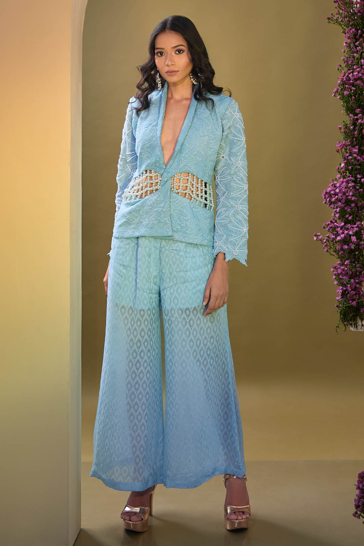 Aishwarya Tyagi Blue Cut Work Blazer & Pants for women online at ScrollnShops