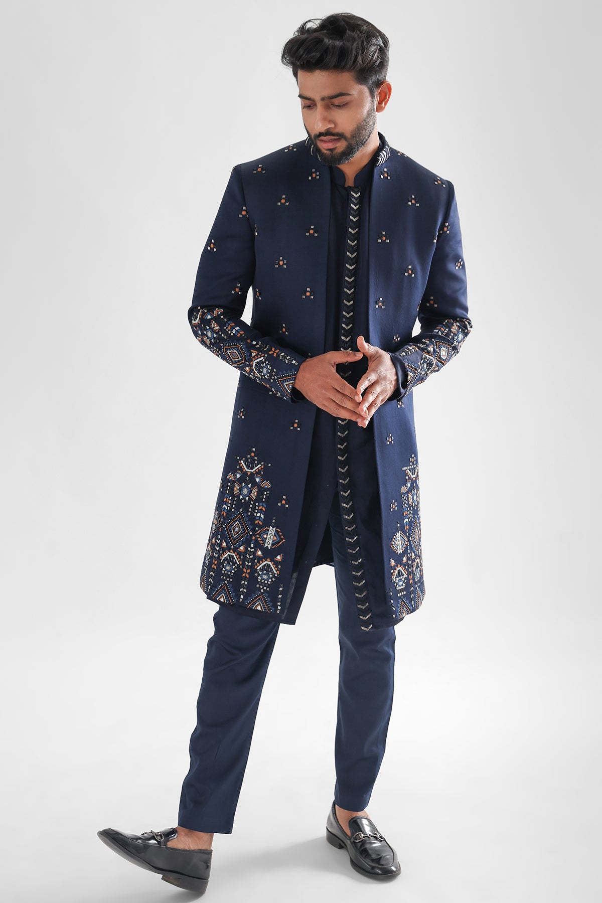 Blue Cutdana Thread Achkan Set