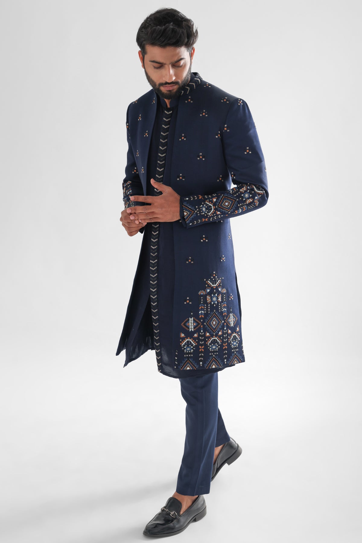 Blue Cutdana Thread Achkan Set