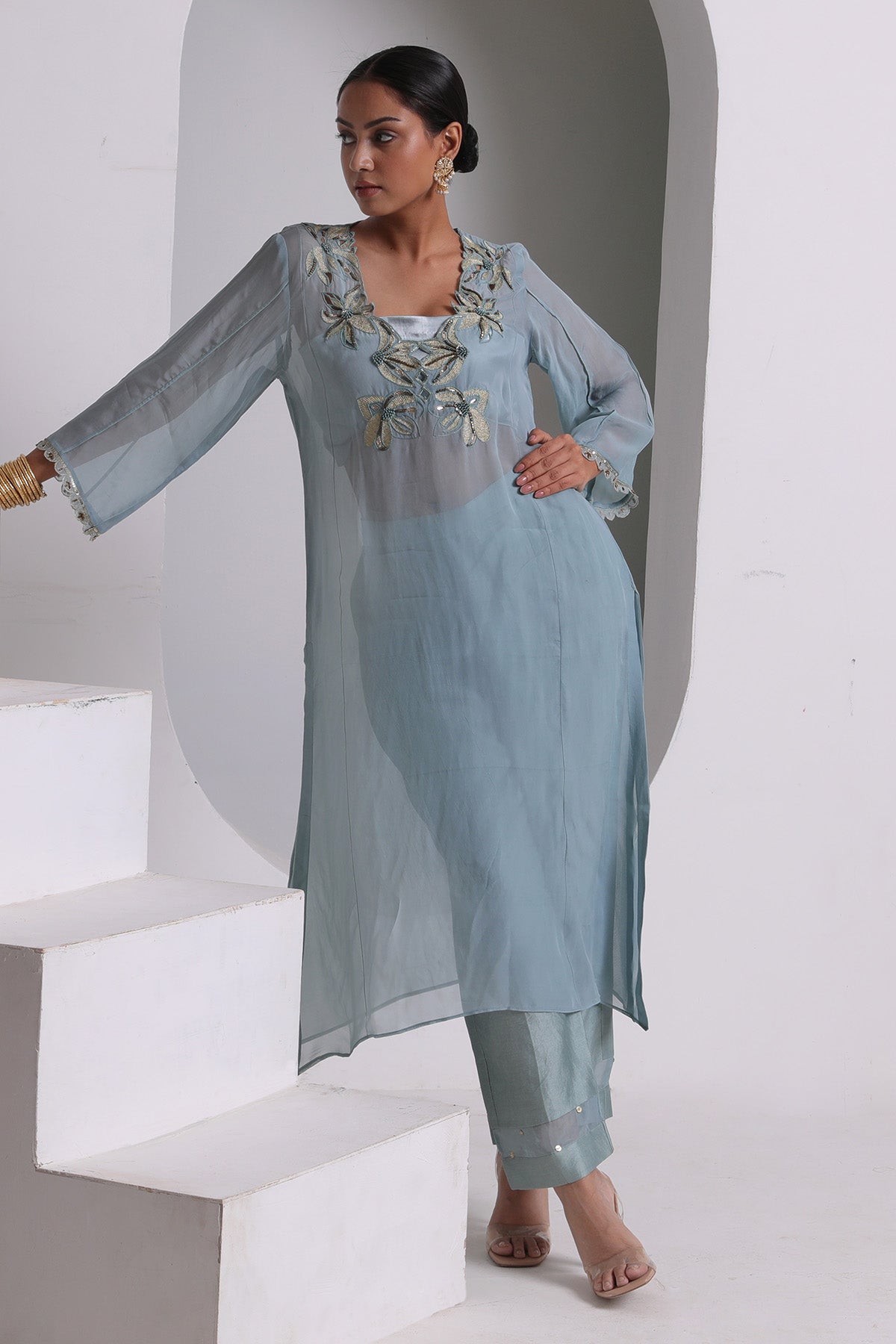 Buy Blue Cutwork Flared Kurta Set by Seher Studio for women online at ScrollnShops