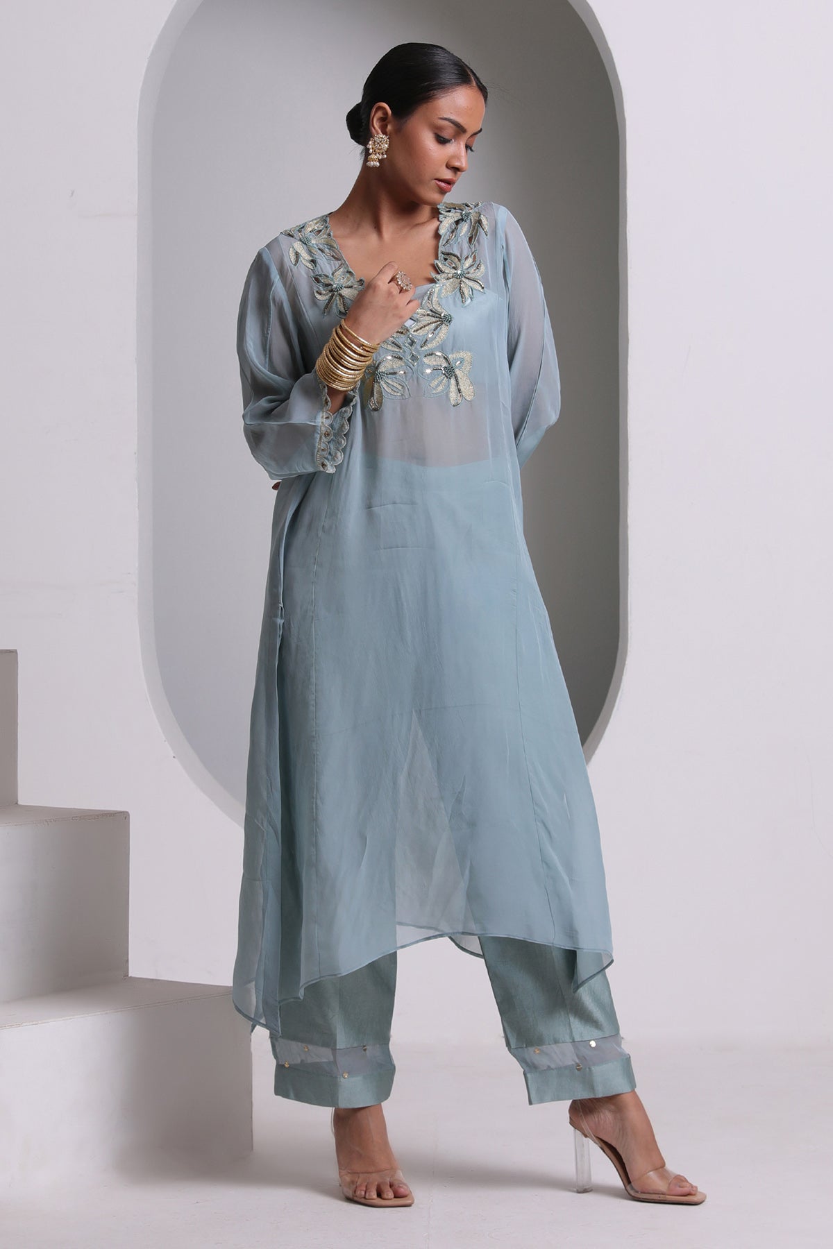 Blue Cutwork Flared Kurta Set