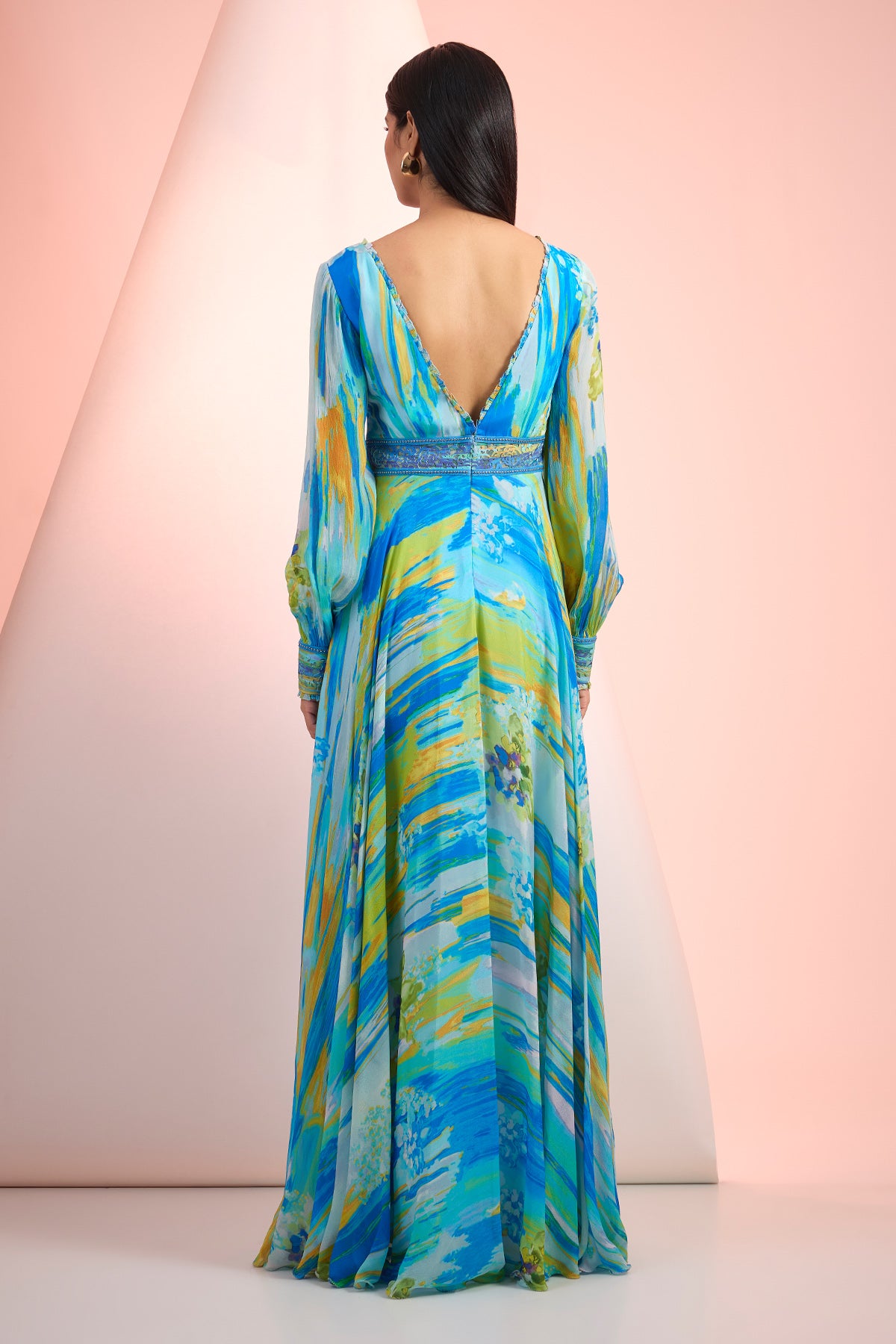 Blue Deep V-Neck Flared Dress