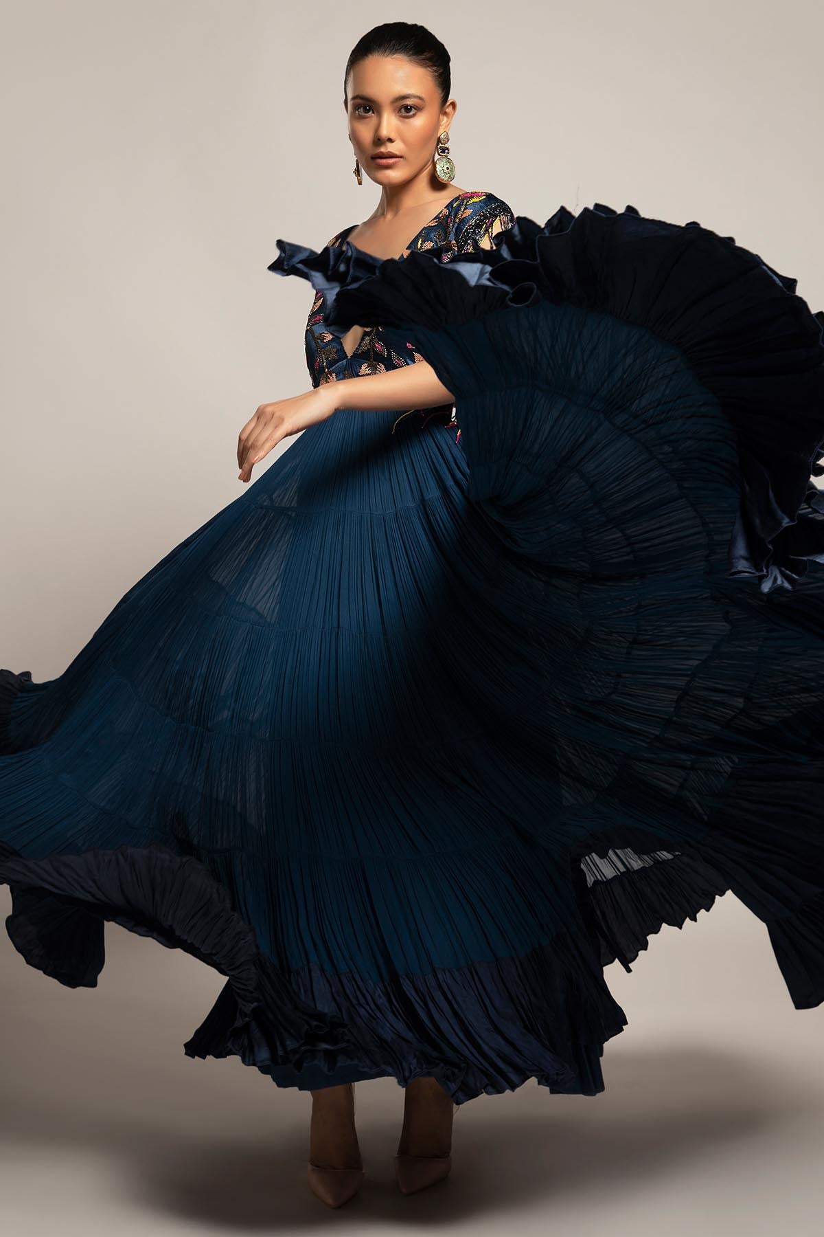 Blue Deep V-Neck Layered Gown