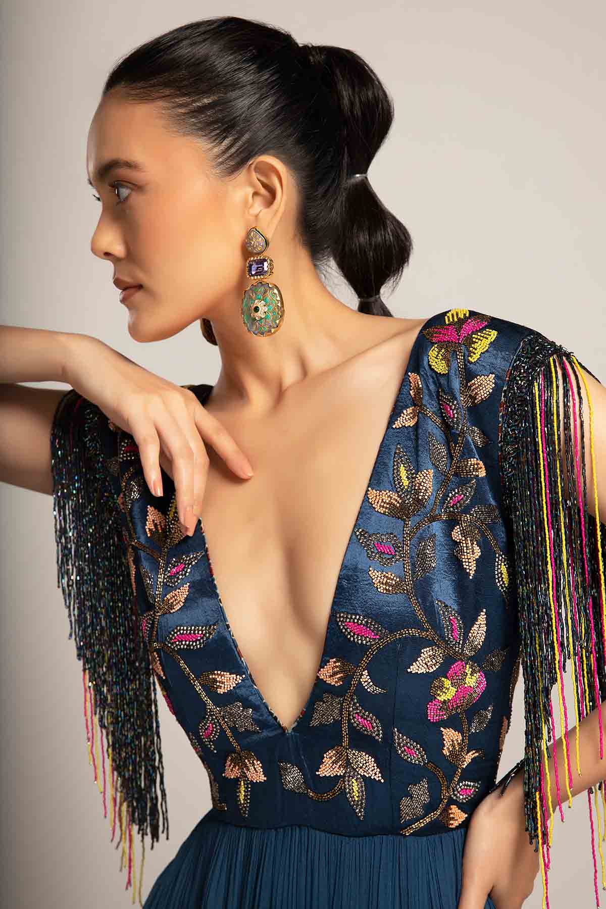 Blue Deep V-Neck Layered Gown