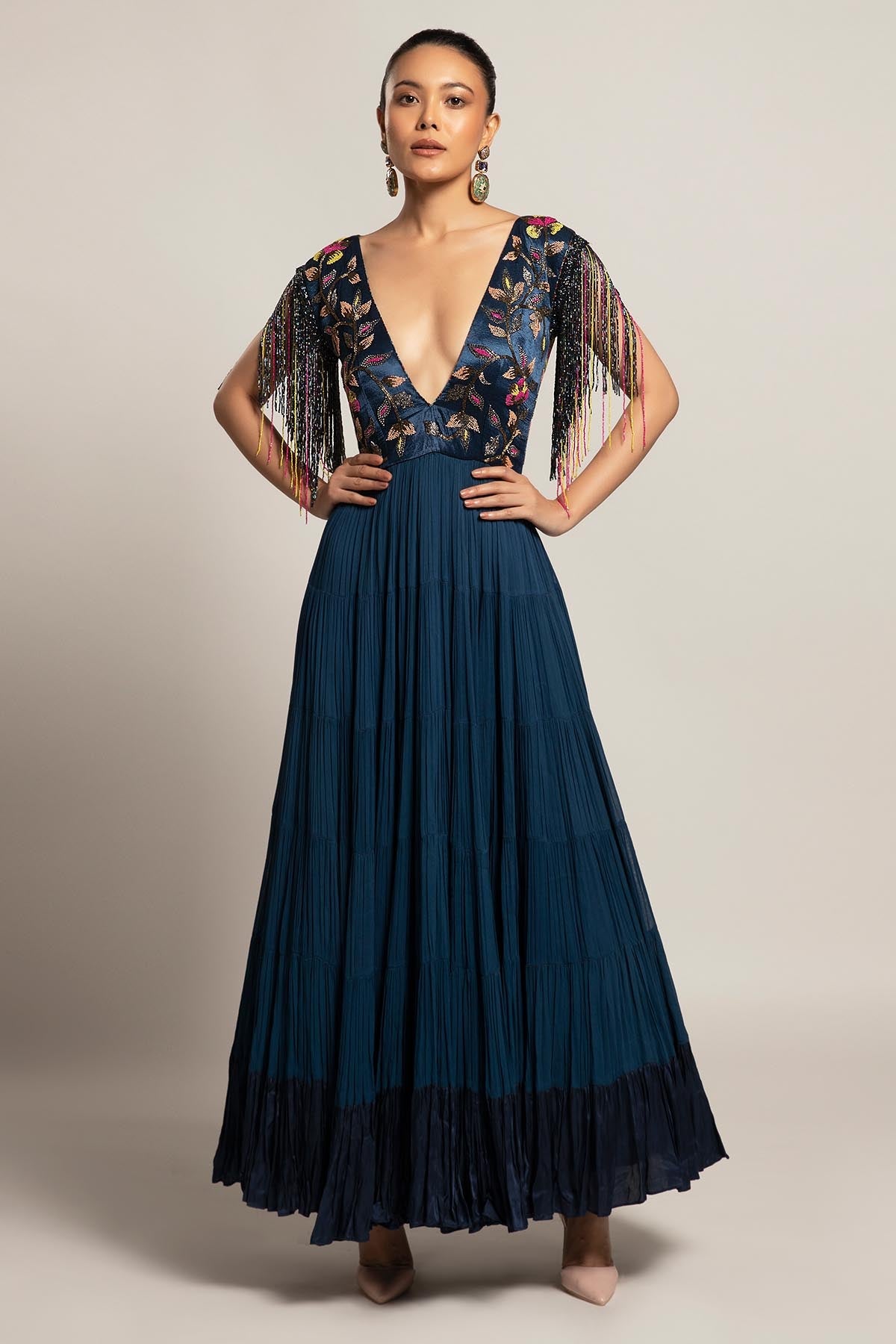 Buy Blue Deep V-Neck Layered Gown by Sejal Kamdar for women online at ScrollnShops