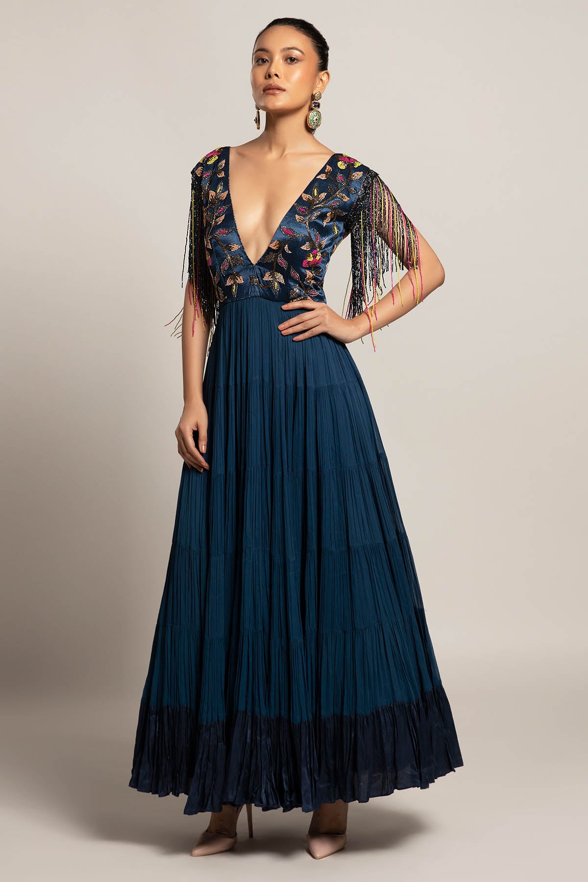 Blue Deep V-Neck Layered Gown