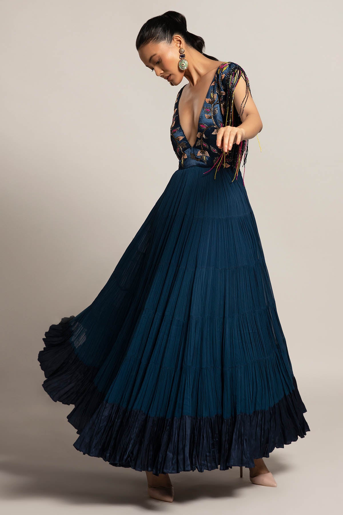 Blue Deep V-Neck Layered Gown