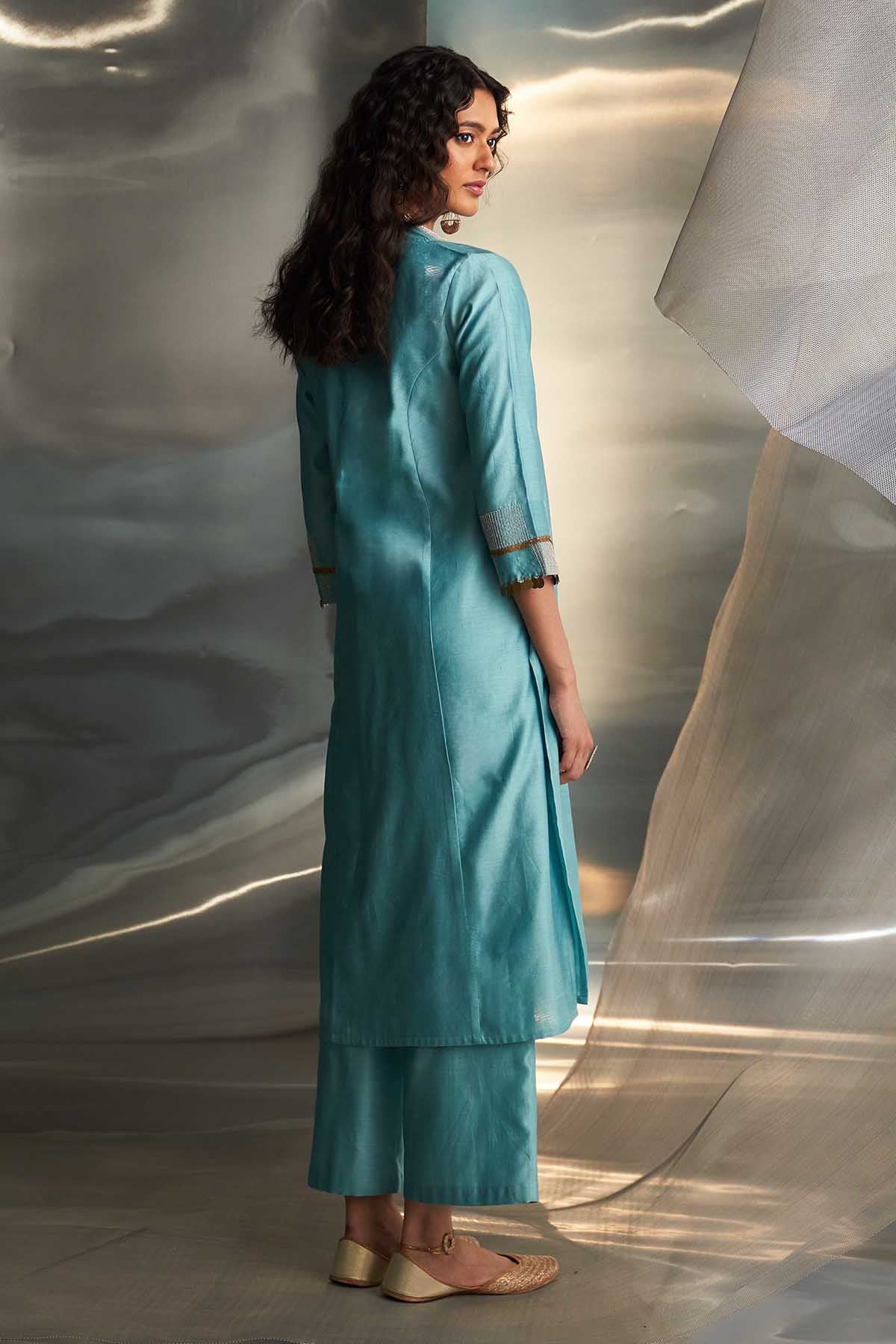 Blue Deep V-Neck Long Kurta Set