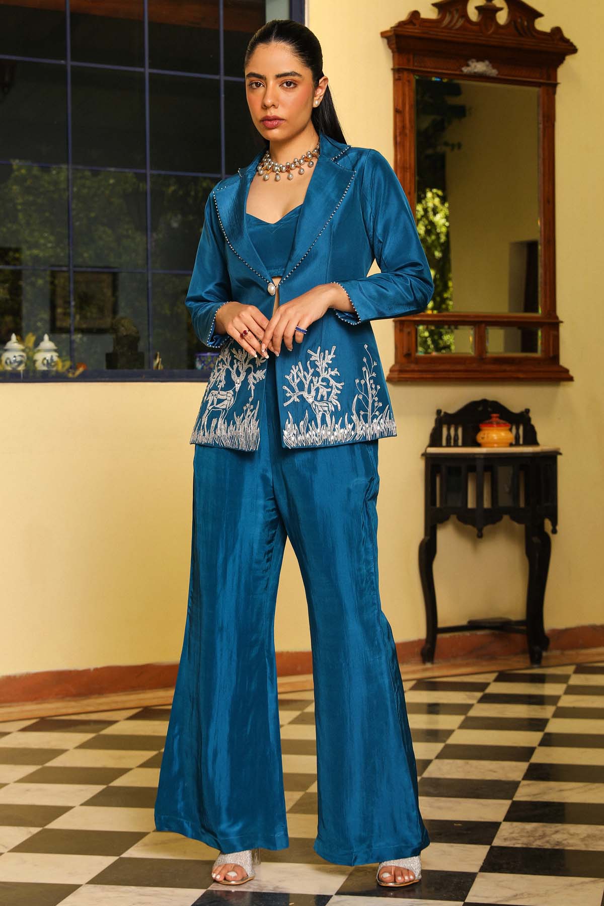 Ajiesh Oberoi Blue Deer Embroidered Jacket Set for women online at ScrollnShops