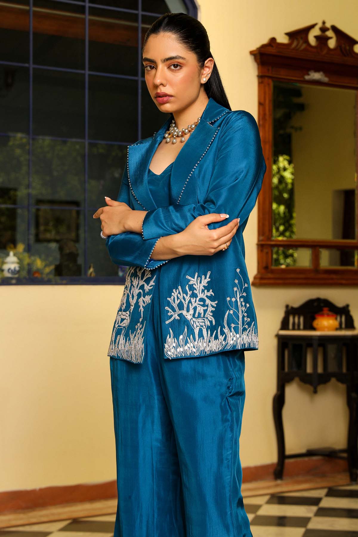 Blue Deer Embroidered Jacket Set