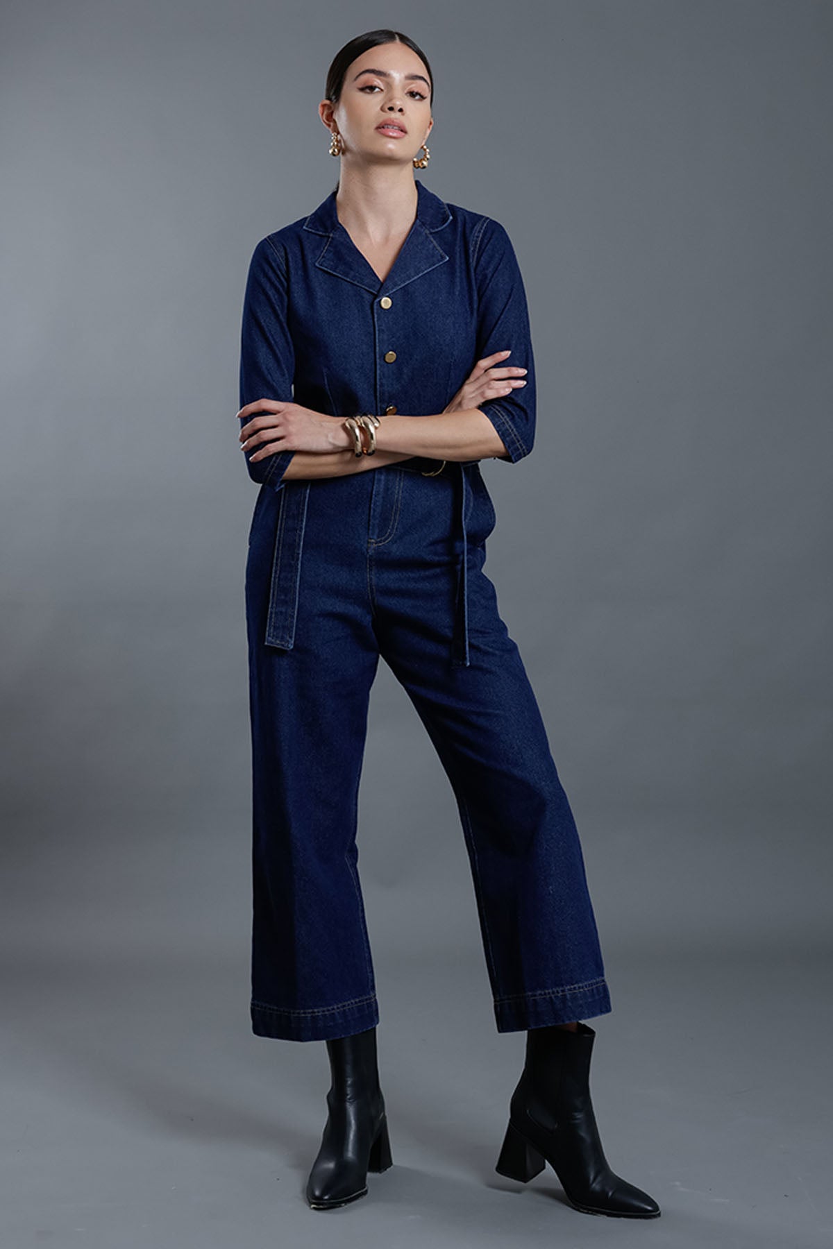 Blue Denim Flap Collar Jumpsuit