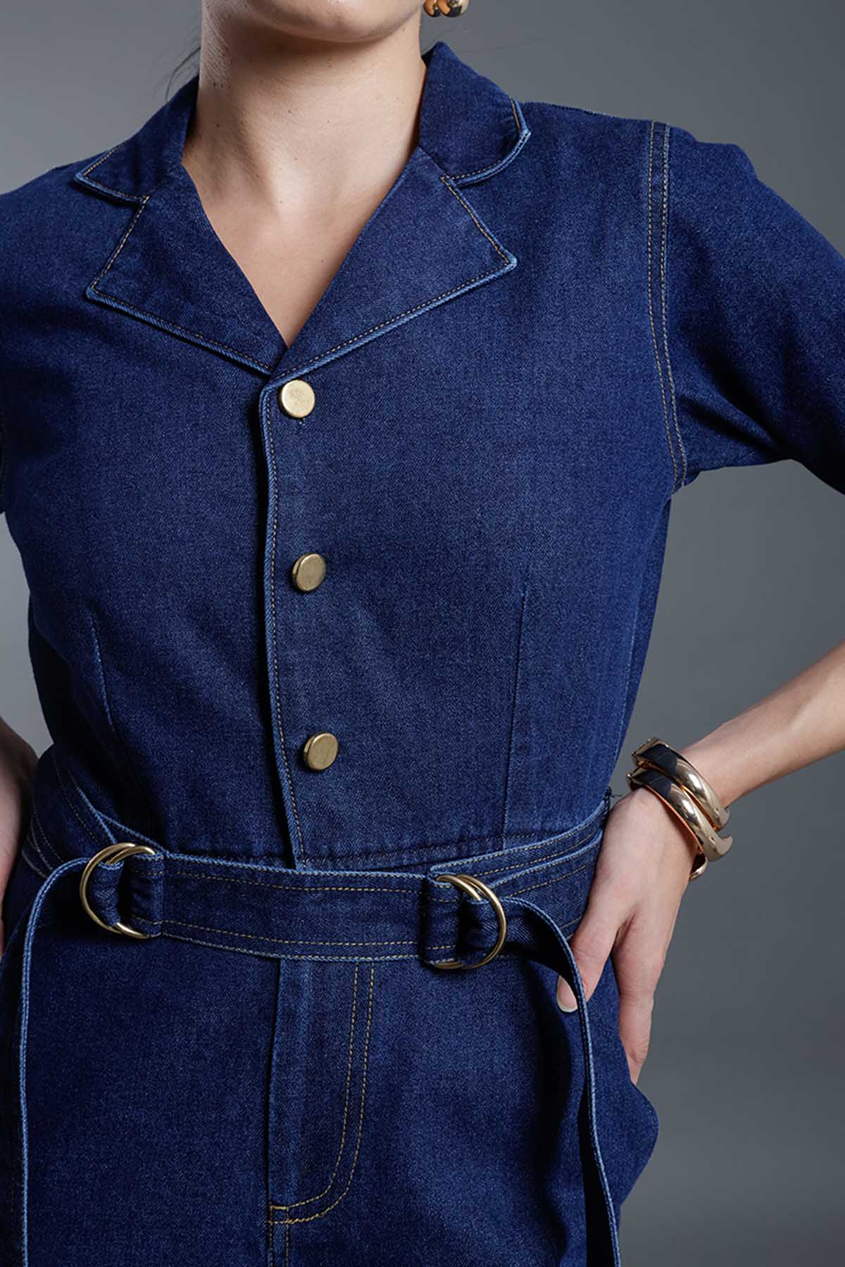 Blue Denim Flap Collar Jumpsuit