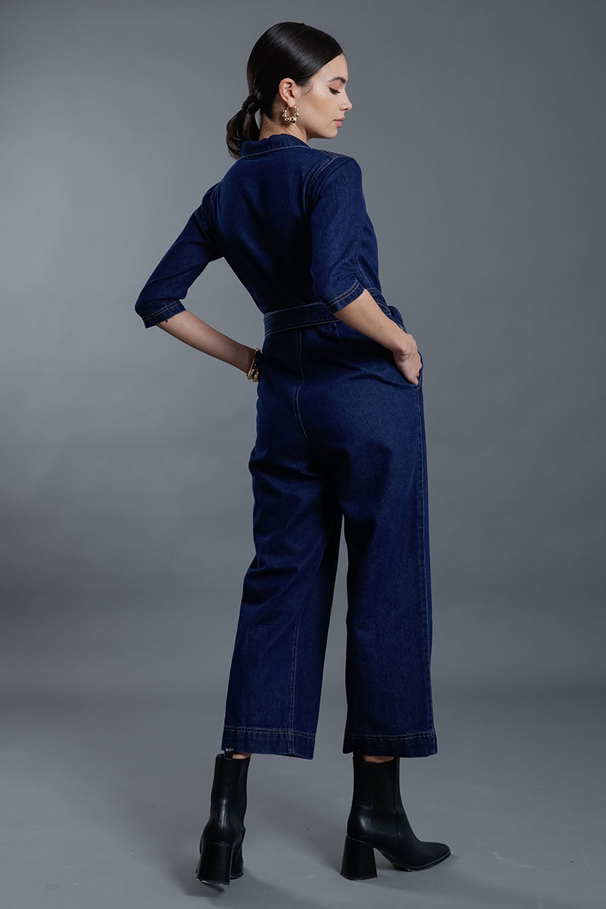 Blue Denim Flap Collar Jumpsuit